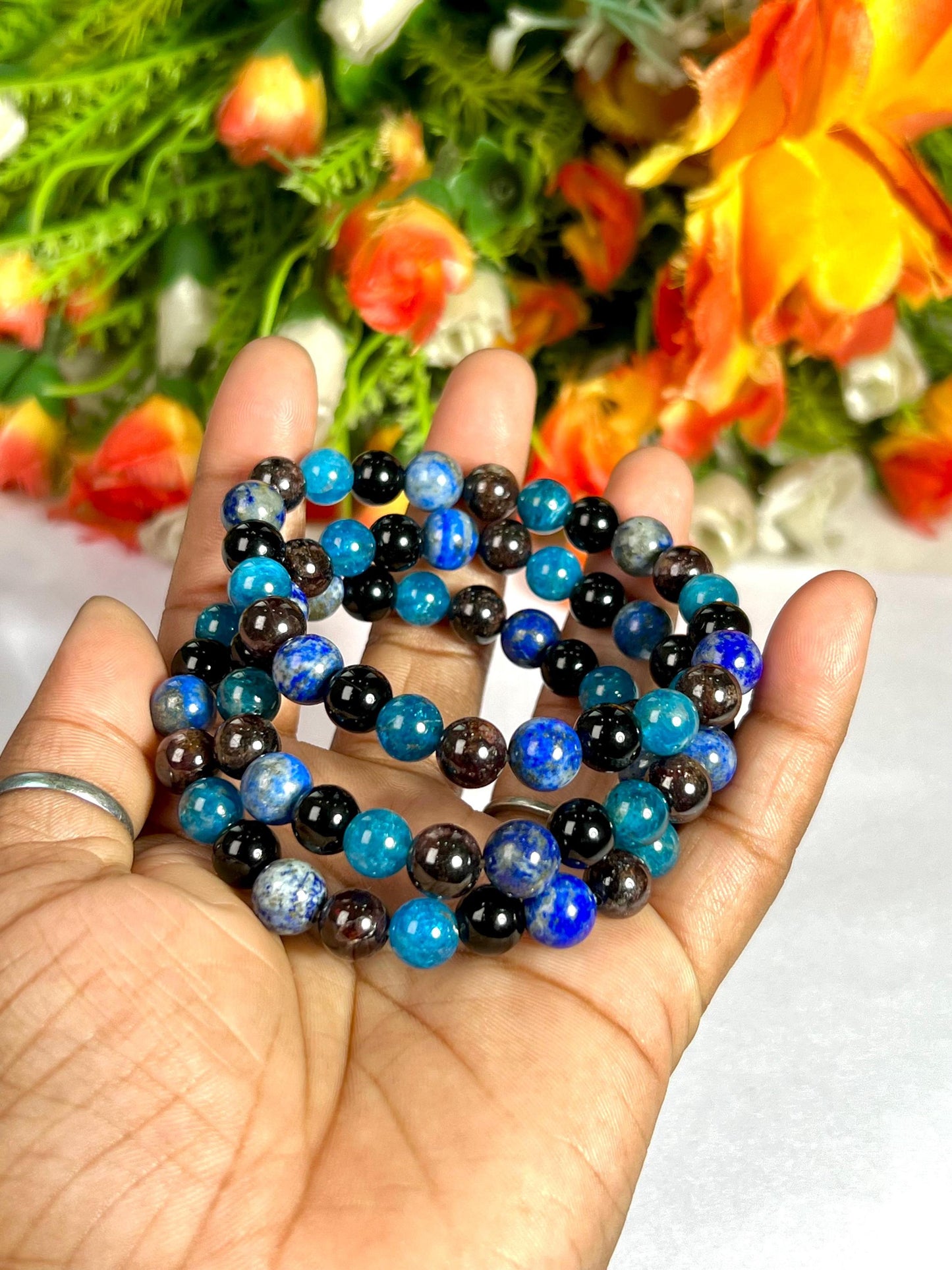 Capricorn Zodiac Sign Stone Bracelet Planet Saturn Element Earth Bracelet, Garnet, Lapis Lazuli, R Obsidian, B Apatite Bracelet 8 mm
