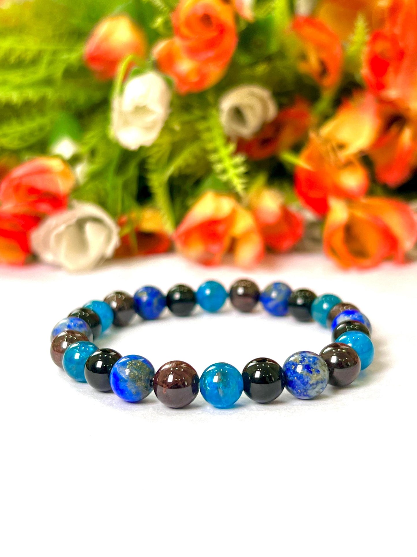 Capricorn Zodiac Sign Stone Bracelet Planet Saturn Element Earth Bracelet, Garnet, Lapis Lazuli, R Obsidian, B Apatite Bracelet 8 mm