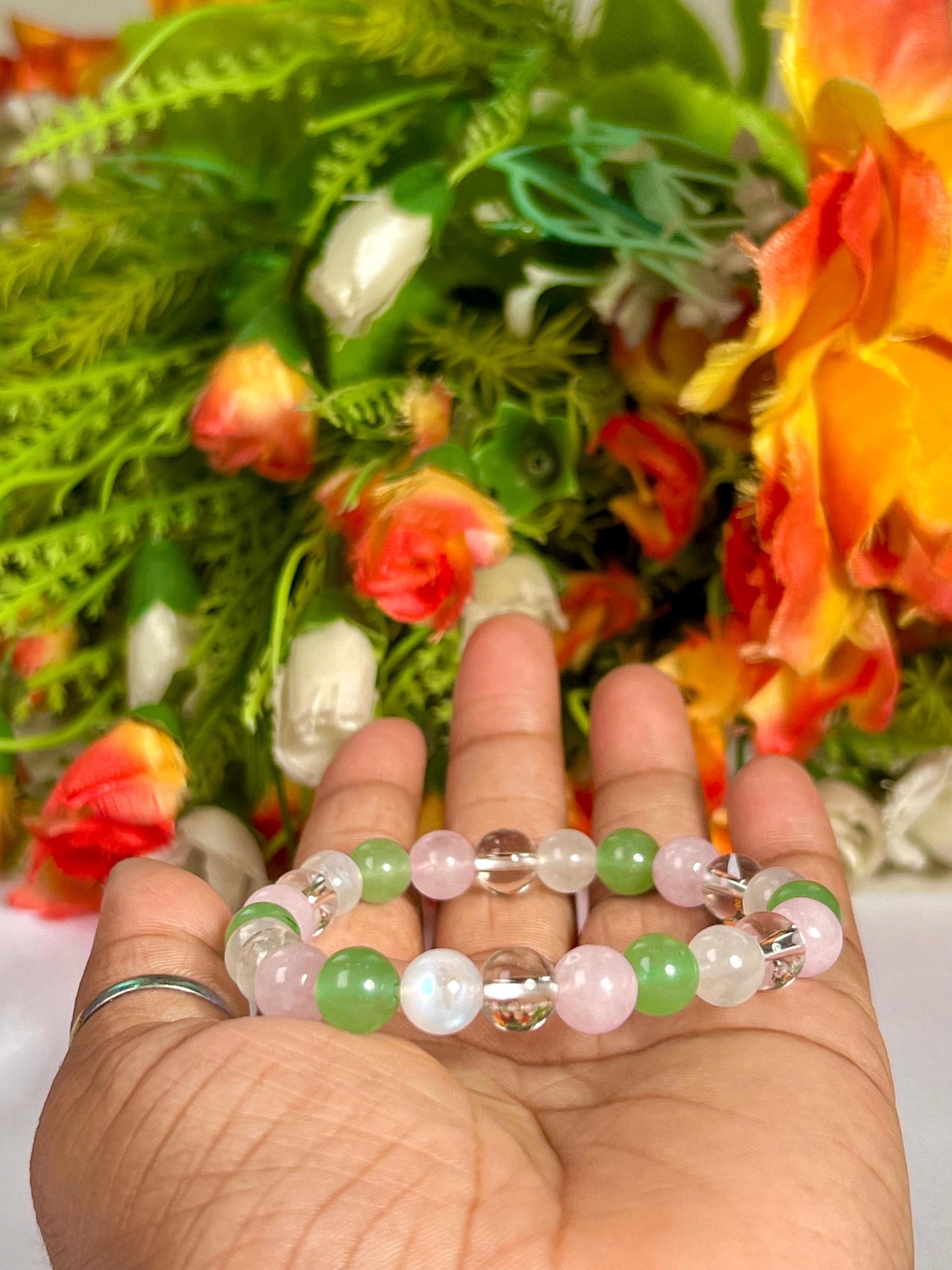 Cancer Zodiac Sign Stone Bracelet Planet Moon Bracelet Element Water Bracelet Moonstone, G Aventurine, Rose Quartz, H Crystal Bracelet 8 mm