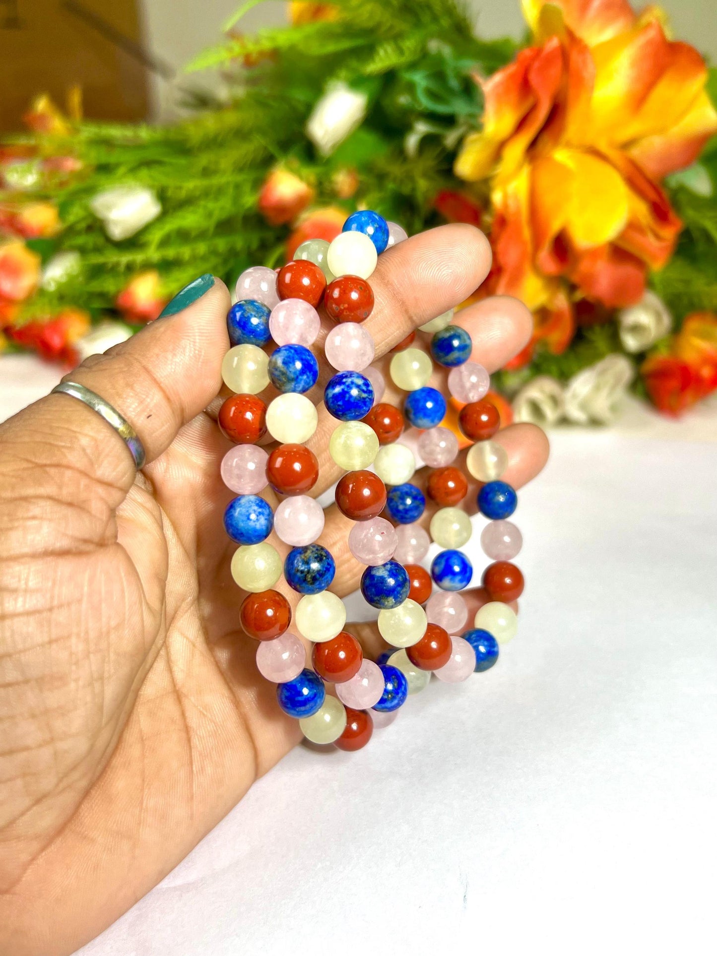Taurus Zodiac Sign Stone Bracelet | Planet Venus Bracelet | Element Earth Bracelet | Red Jasper, Burma Jade, Lapis Lazuli,Rose Quartz