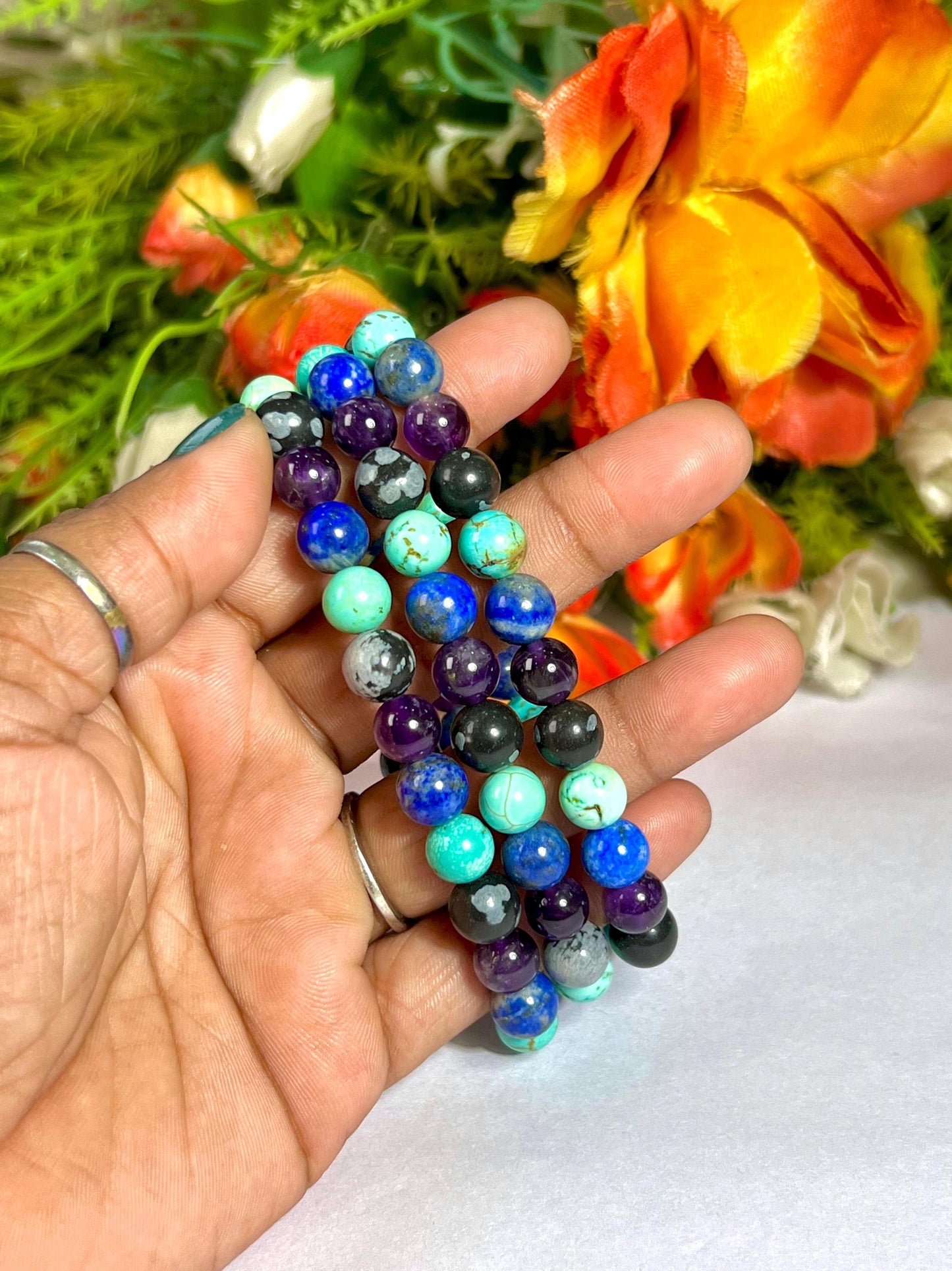 Sagittarius Zodiac Sign Stone Bracelet Planet Jupiter Element Fire Lapis Lazuli,Howlite Turquoise,Snowflake Obsidian,Amethyst Bracelet 8 mm