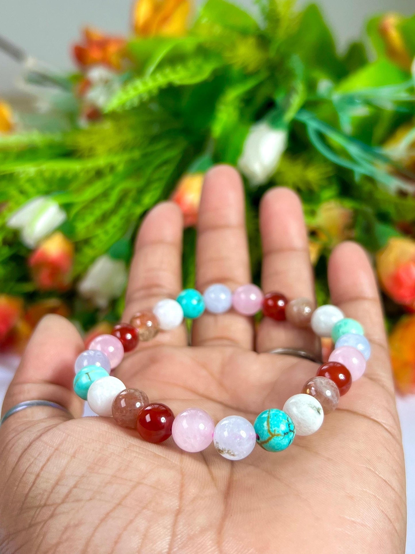 Thinking Of You Soon Crystal Stone, Carnelian, Rose Quartz, Aquamarine ,Turquoise, Rainbow Moonstone, Sunstone, Stone Bracelet 8 mm