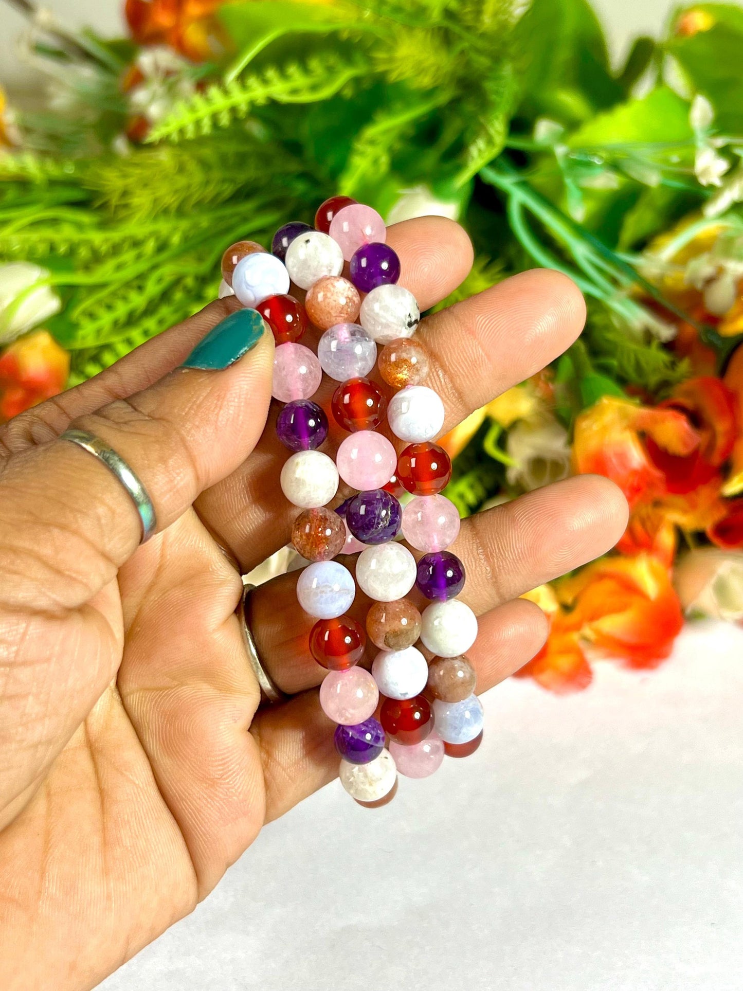 Fertility and Pregnancy Crystal Bracelet – Rose Quartz, Carnelian, Aquamarine, Sunstone, Rainbow Moonstone, Amethyst & Blue Lace Agate