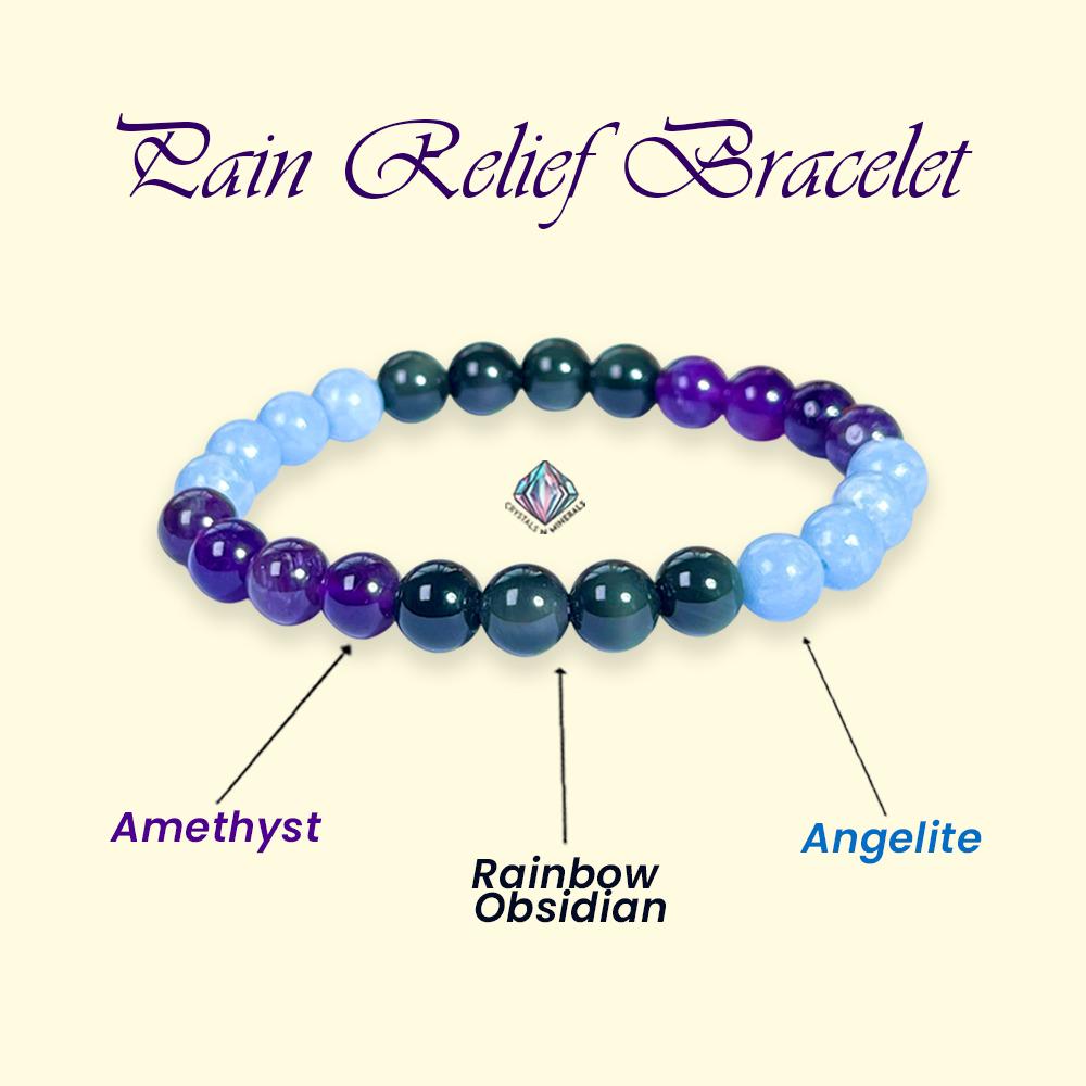 Pain Relief Crystal Bracelet – Amethyst, Rainbow Obsidian & Angelite – 8mm Natural Gemstone Beads