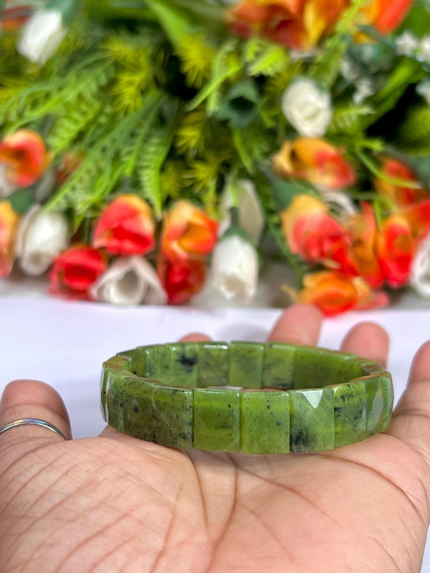 15 MM Nephrite Jade Stone Bracelet l Stretchable Bracelet AAAAA +++++