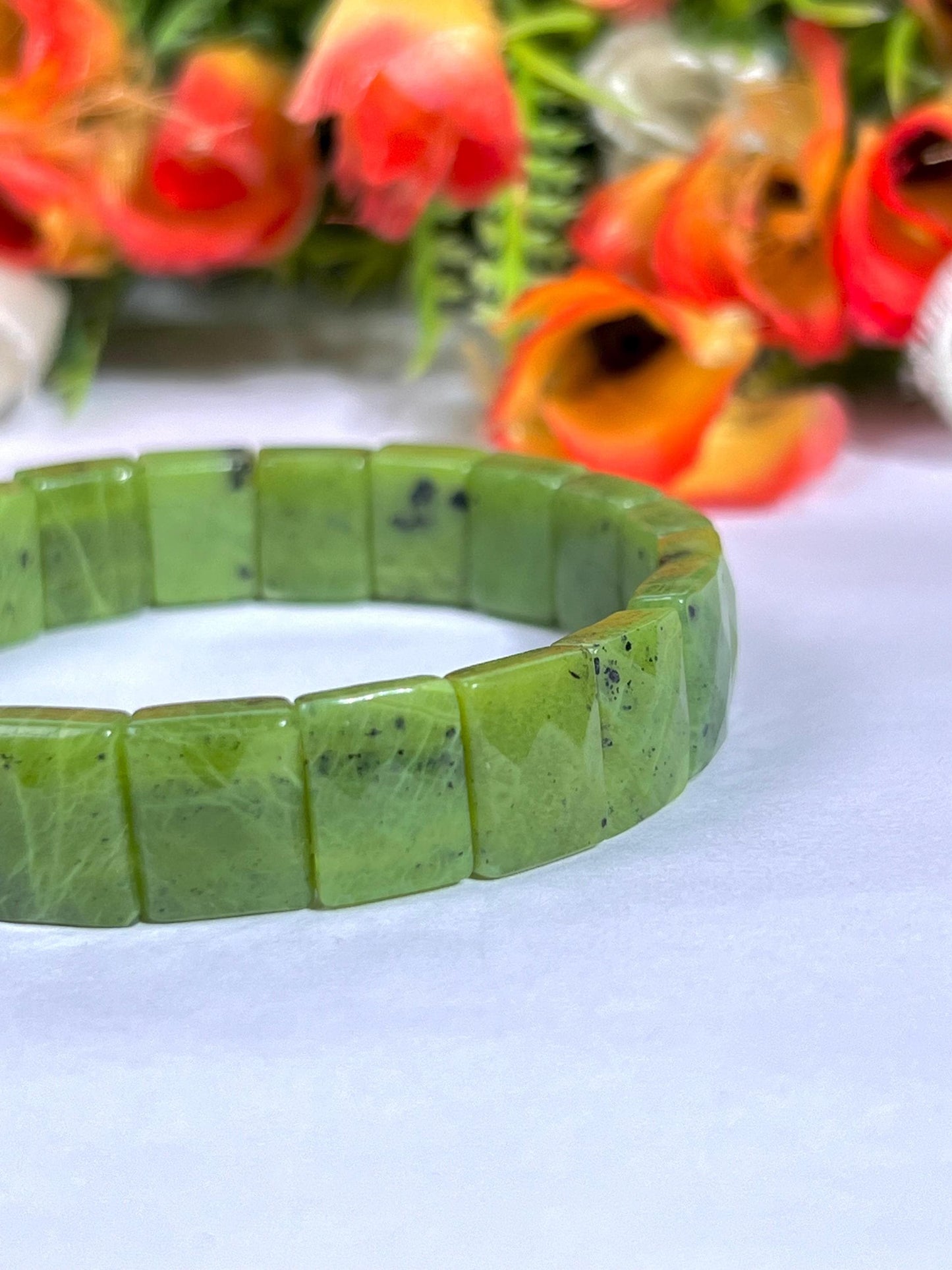 15 MM Nephrite Jade Stone Bracelet l Stretchable Bracelet AAAAA +++++