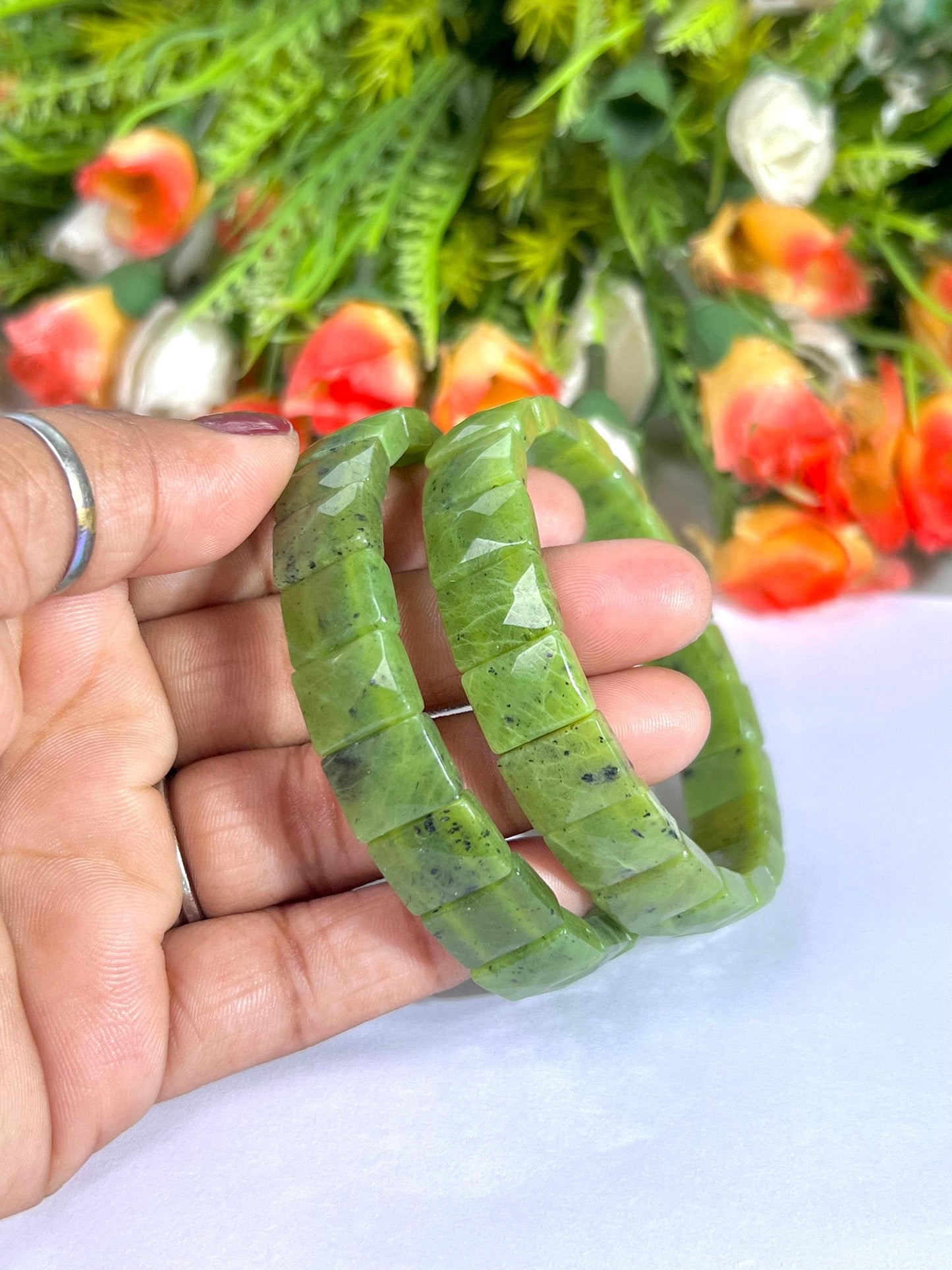 15 MM Nephrite Jade Stone Bracelet l Stretchable Bracelet AAAAA +++++