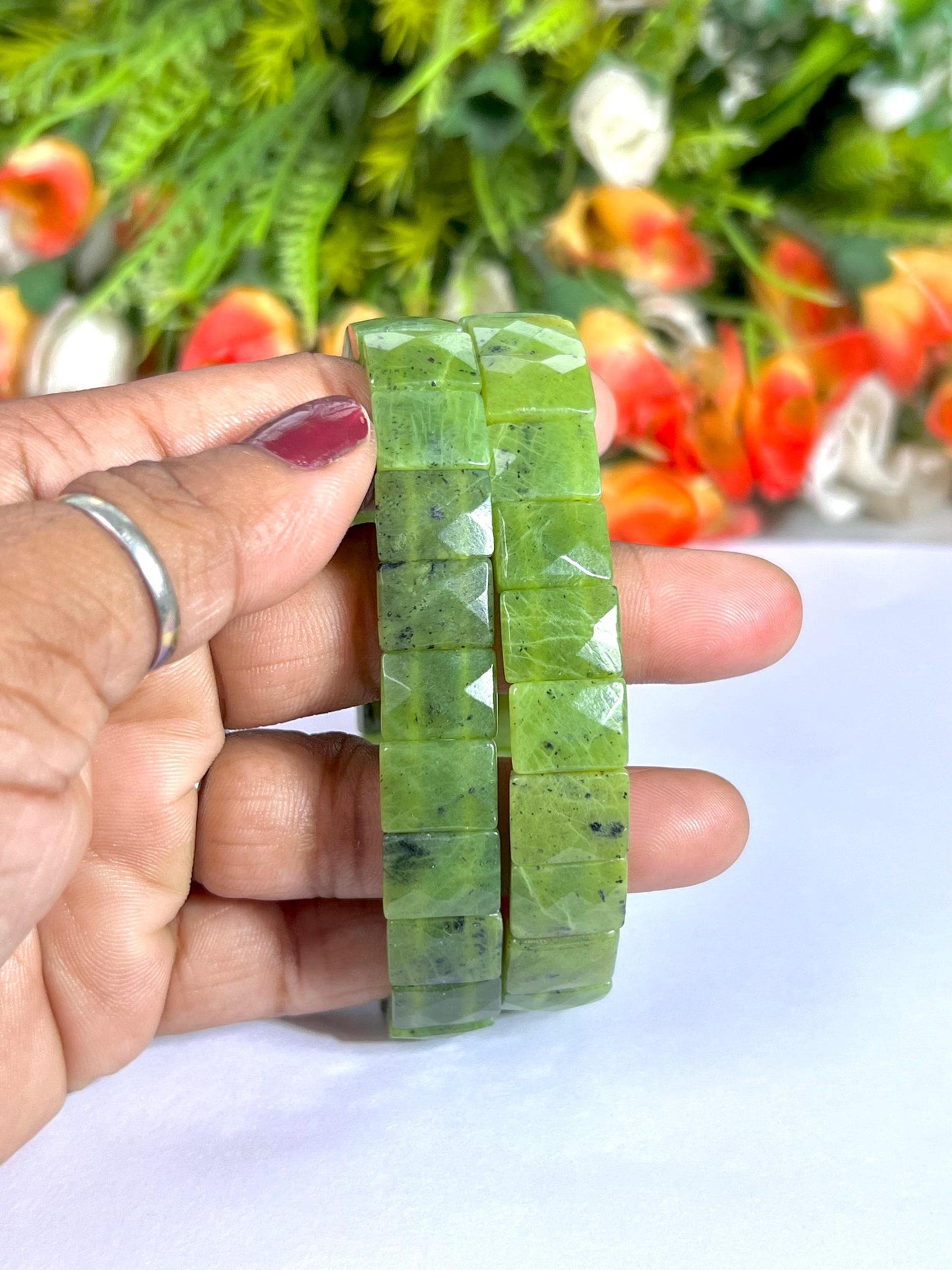 15 MM Nephrite Jade Stone Bracelet l Stretchable Bracelet AAAAA +++++