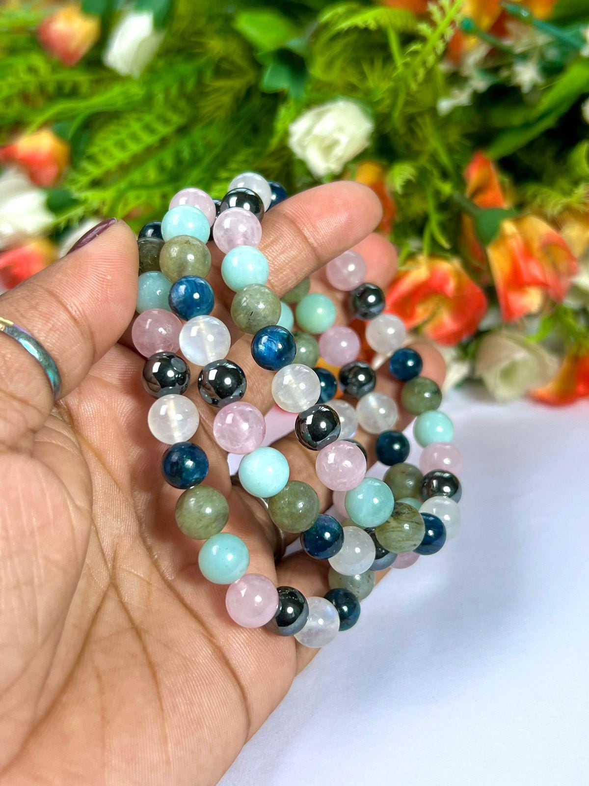 Wish Come True labradorite, Blue Kyanite, Rainbow Moonstone, Hematite, Rose Quartz, Amazonite Stone 8 MM Beads Bracelet