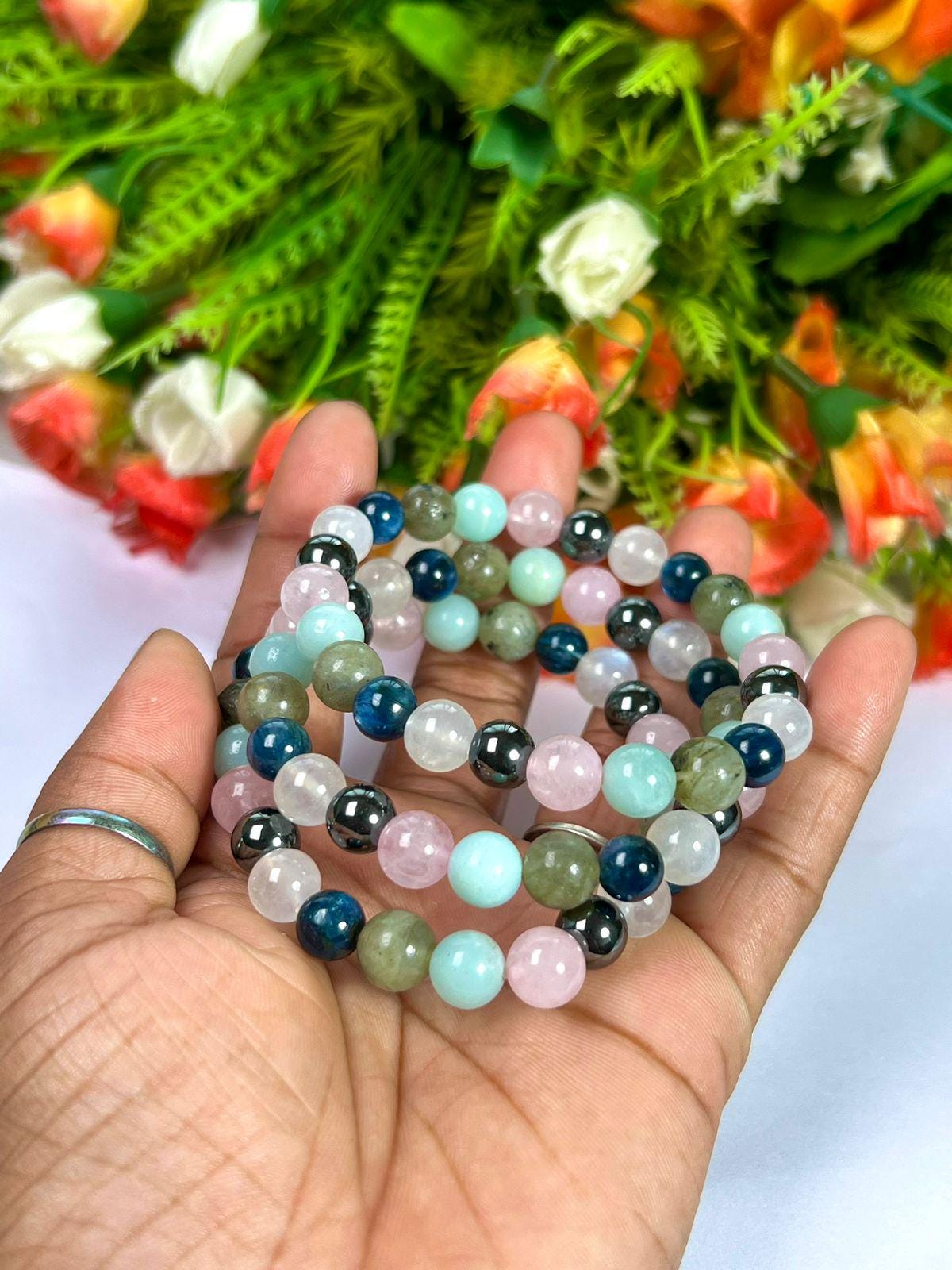 Wish Come True labradorite, Blue Kyanite, Rainbow Moonstone, Hematite, Rose Quartz, Amazonite Stone 8 MM Beads Bracelet