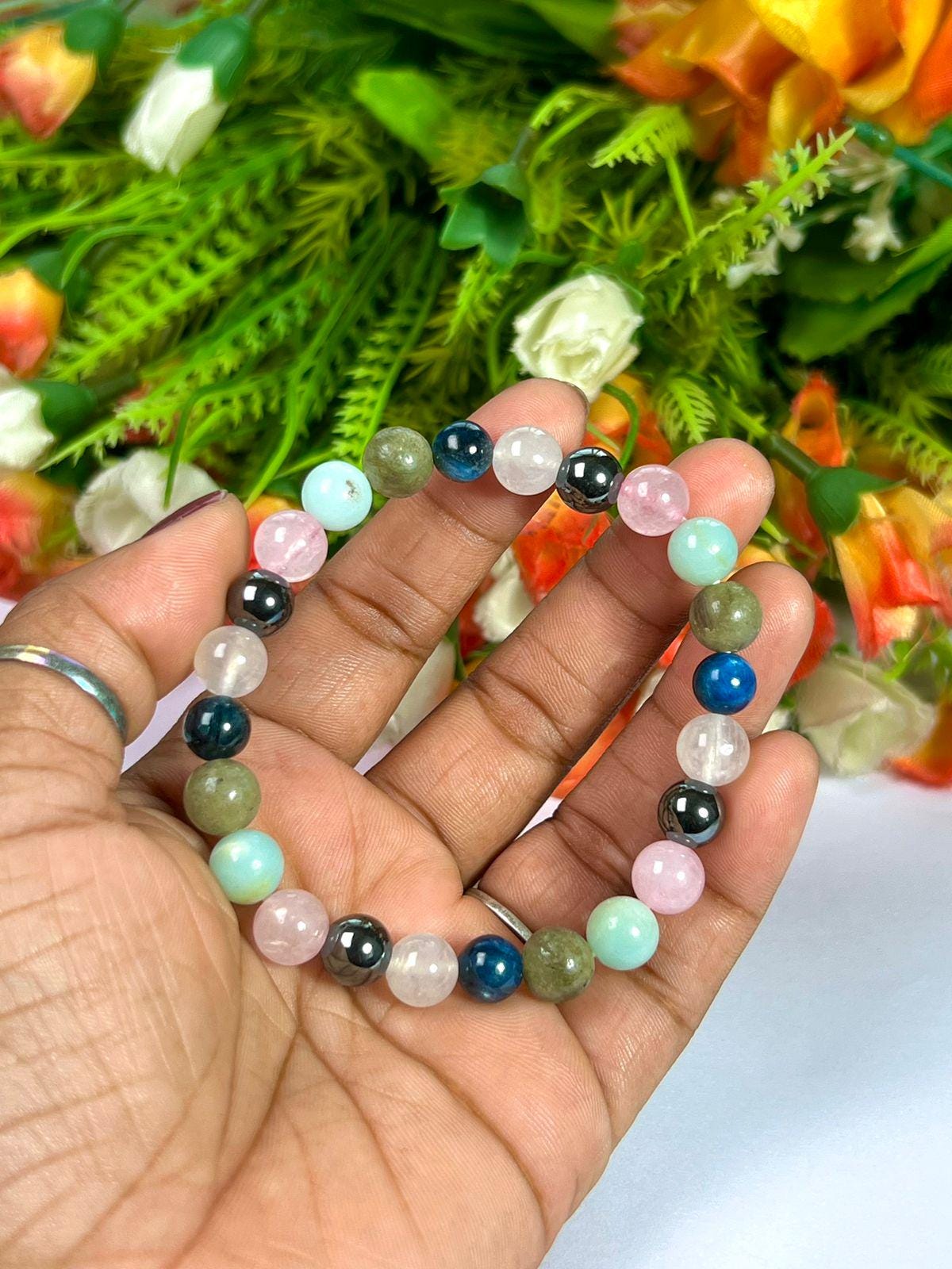 Wish Come True labradorite, Blue Kyanite, Rainbow Moonstone, Hematite, Rose Quartz, Amazonite Stone 8 MM Beads Bracelet