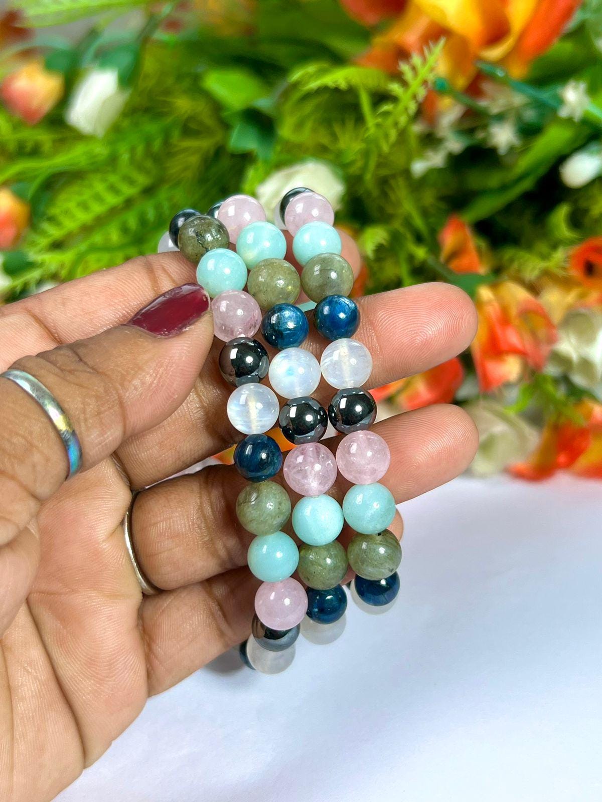 Wish Come True labradorite, Blue Kyanite, Rainbow Moonstone, Hematite, Rose Quartz, Amazonite Stone 8 MM Beads Bracelet