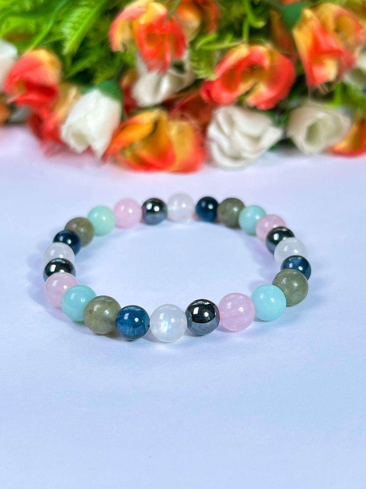 Wish Come True labradorite, Blue Kyanite, Rainbow Moonstone, Hematite, Rose Quartz, Amazonite Stone 8 MM Beads Bracelet