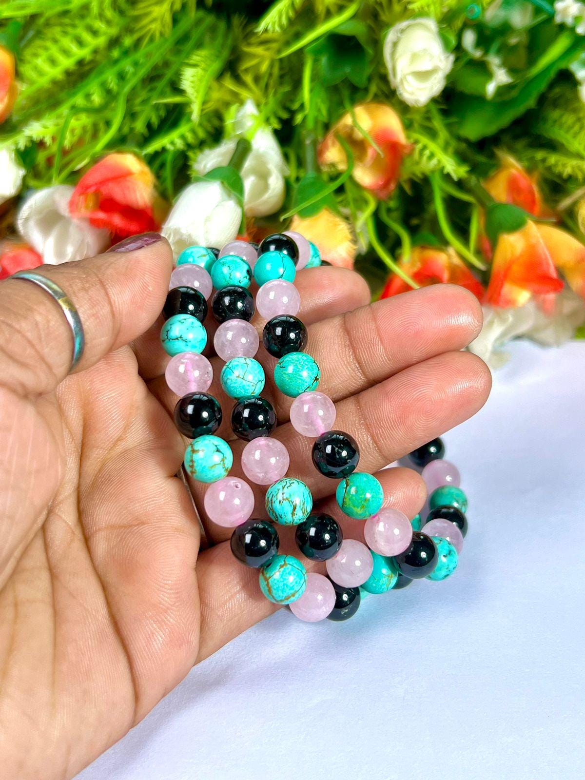 For Auntie, Aunty Bracelet l Rose Quartz, Howlite Turquoise, Black Tourmaline, Stone 8 MM Beads Bracelet