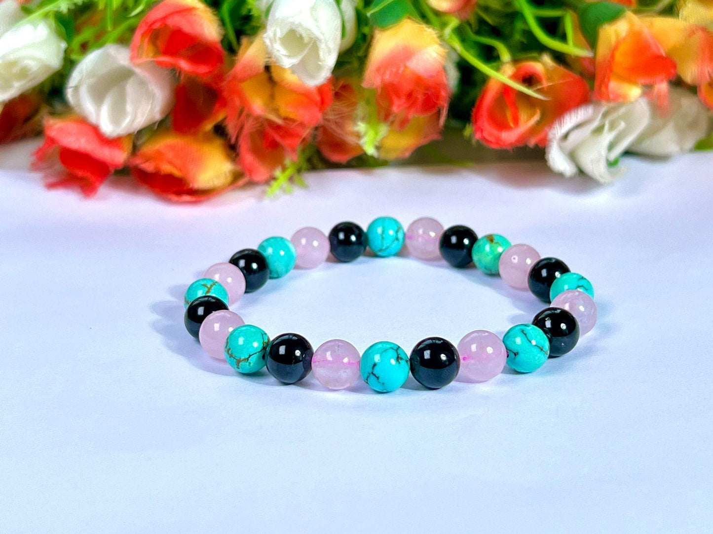 For Auntie, Aunty Bracelet l Rose Quartz, Howlite Turquoise, Black Tourmaline, Stone 8 MM Beads Bracelet