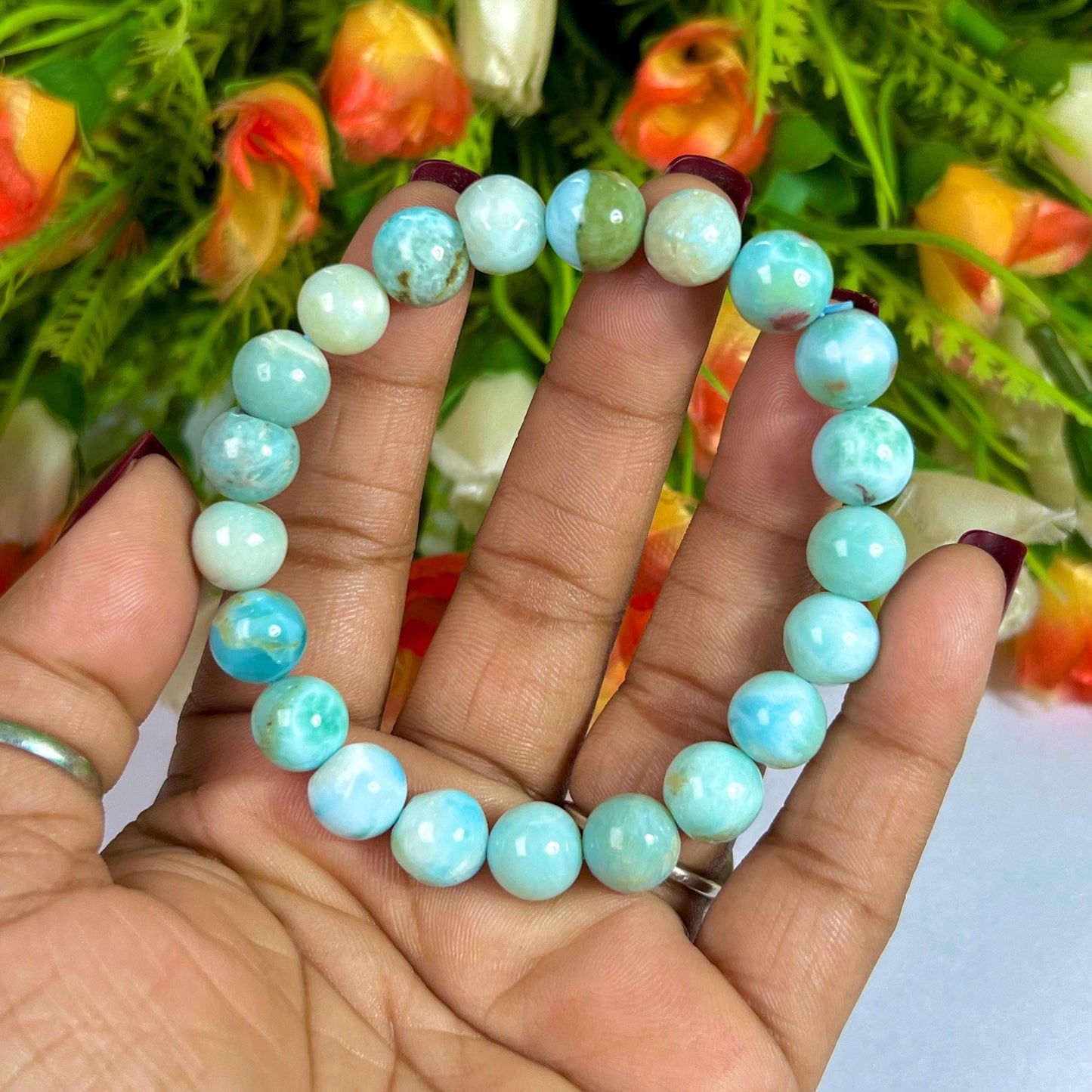 10 MM Dominican Republic Larimar Stone Bracelet l Stretchable Bracelet l Unisex Bracelet
