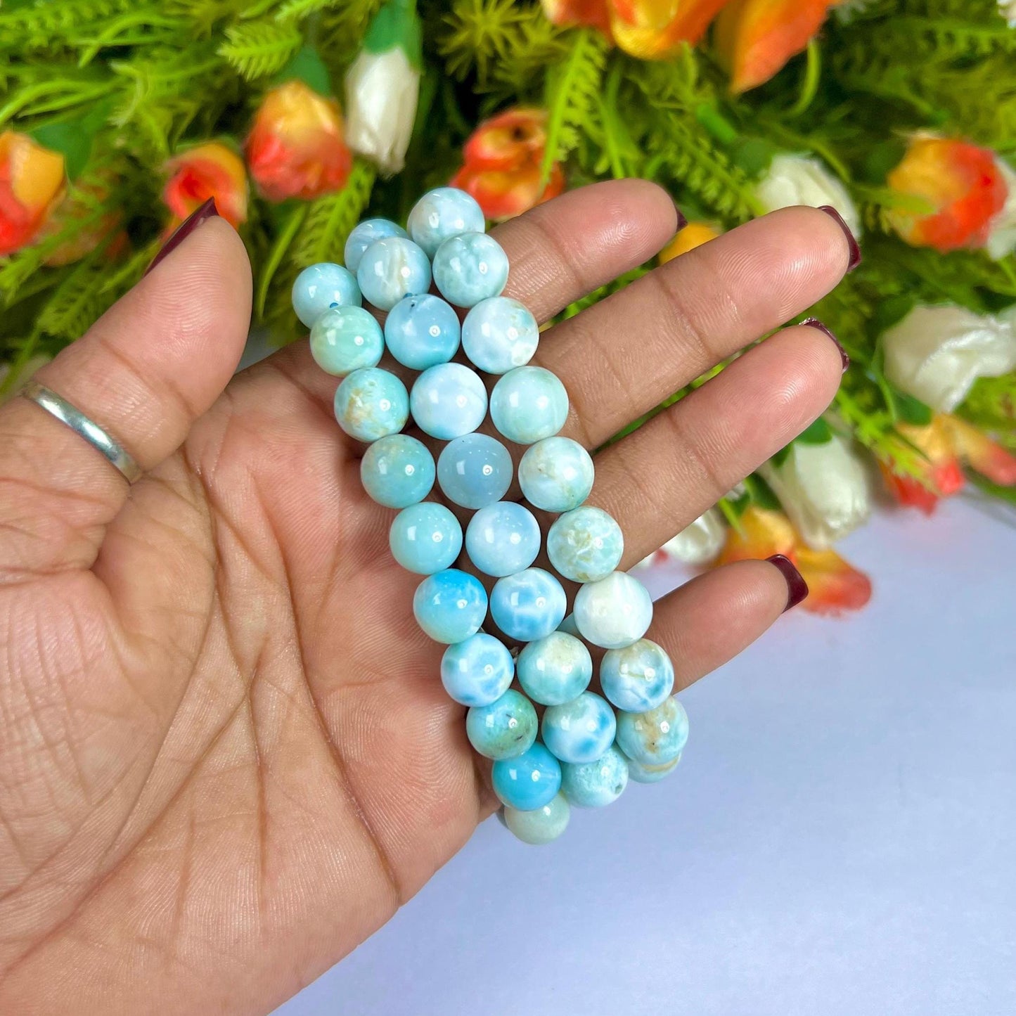 10 MM Dominican Republic Larimar Stone Bracelet l Stretchable Bracelet l Unisex Bracelet