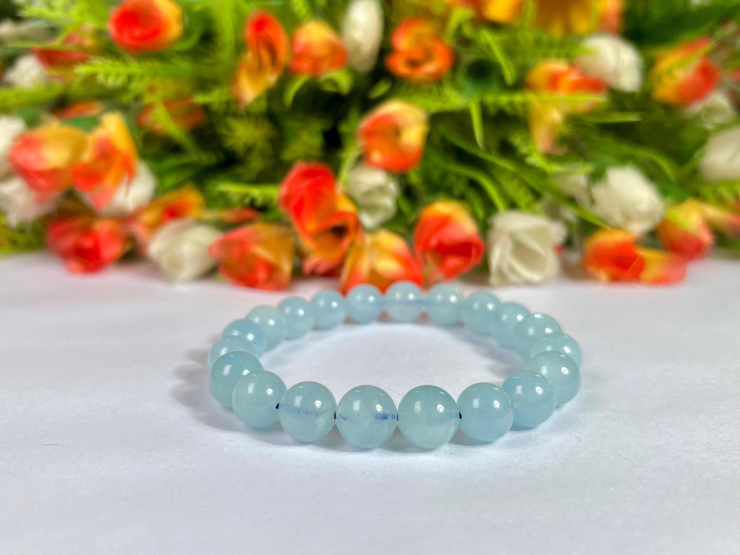 10 MM Aquamarine Stone Bracelet l Stretchable Bracelet l Unisex Bracelet