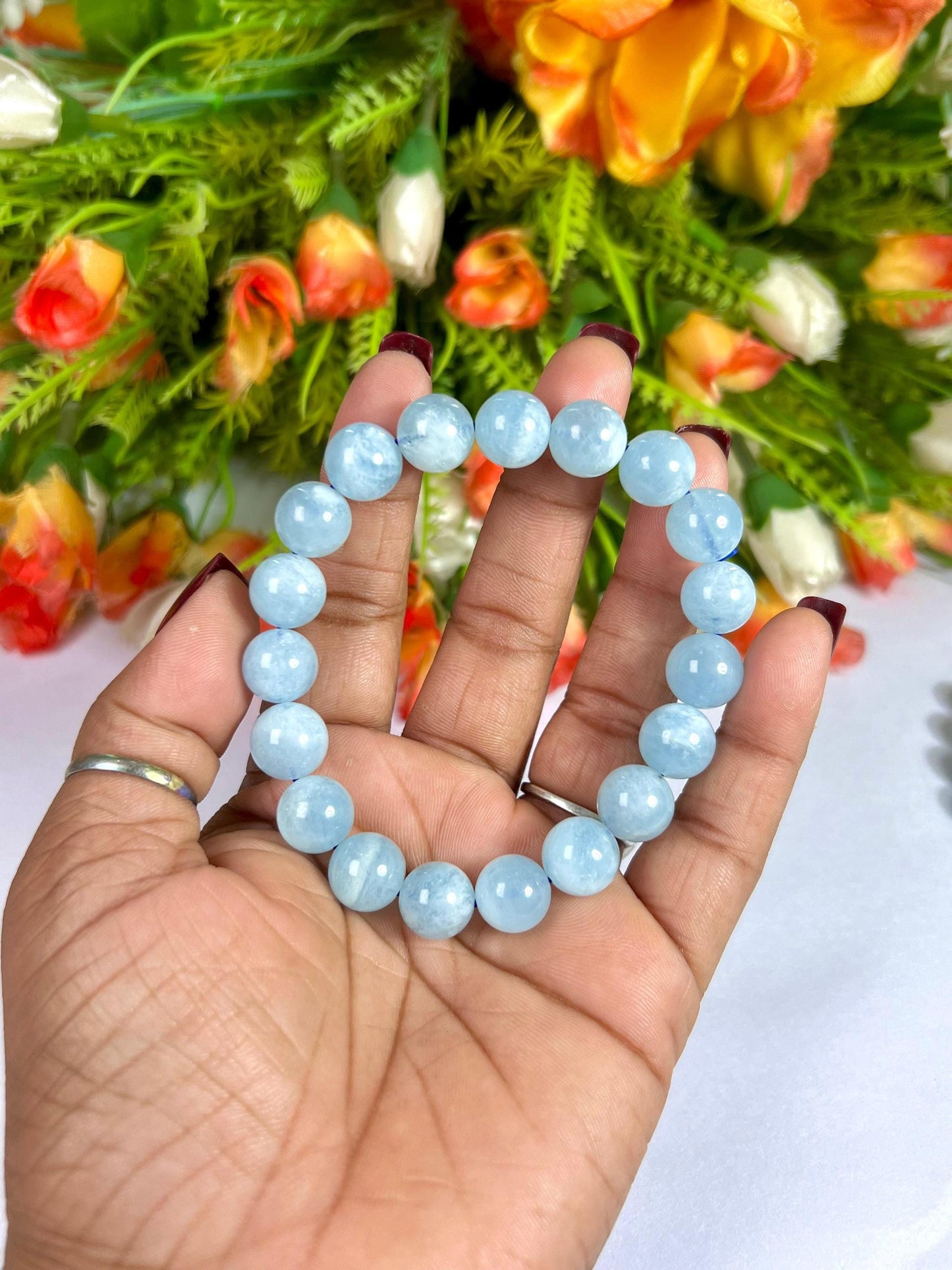 10 MM Aquamarine Stone Bracelet l Stretchable Bracelet l Unisex Bracelet