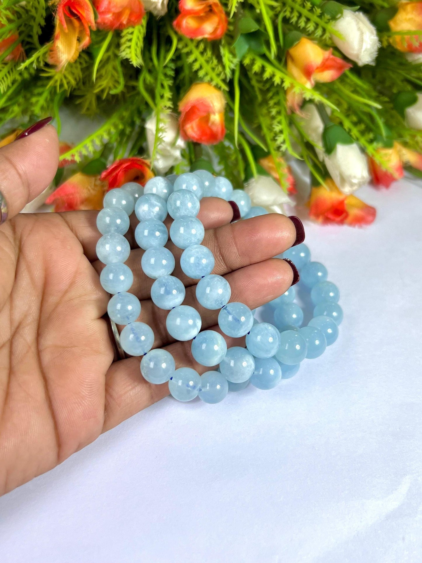 10 MM Aquamarine Stone Bracelet l Stretchable Bracelet l Unisex Bracelet