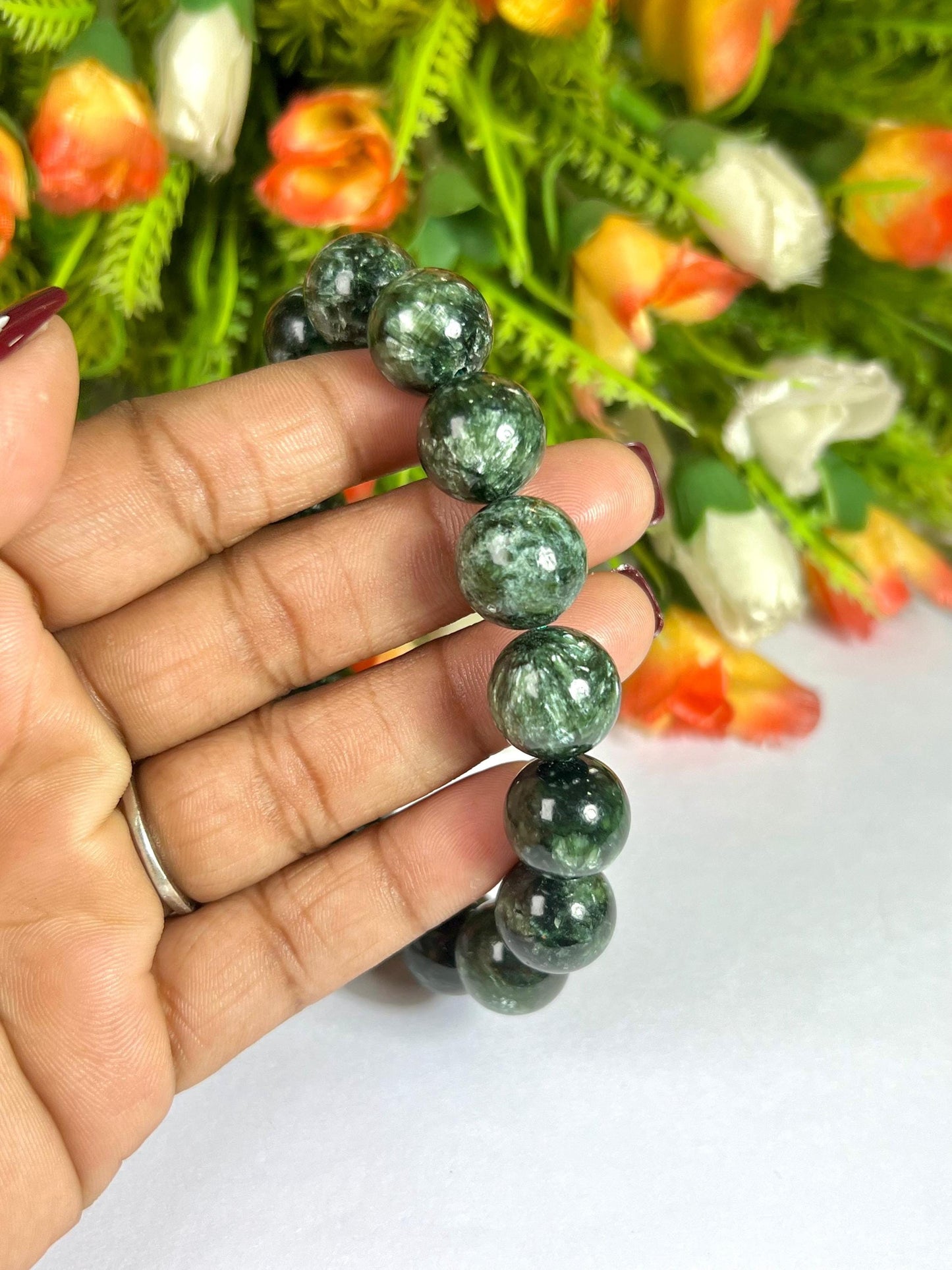 13 MM Seraphinite Stone Bracelet l Stretchable Bracelet l Unisex Bracelet