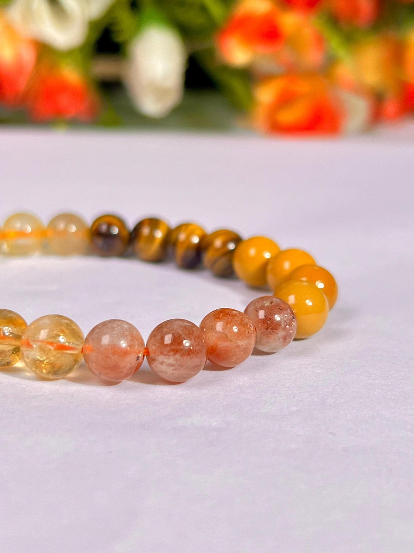 Solar Plexus Chakra Stone Bracelet Citrine, Sunstone, Yellow Jasper, Tiger's Eye, GoldenRutile, Pyrite 8 MM Beads Bracelet