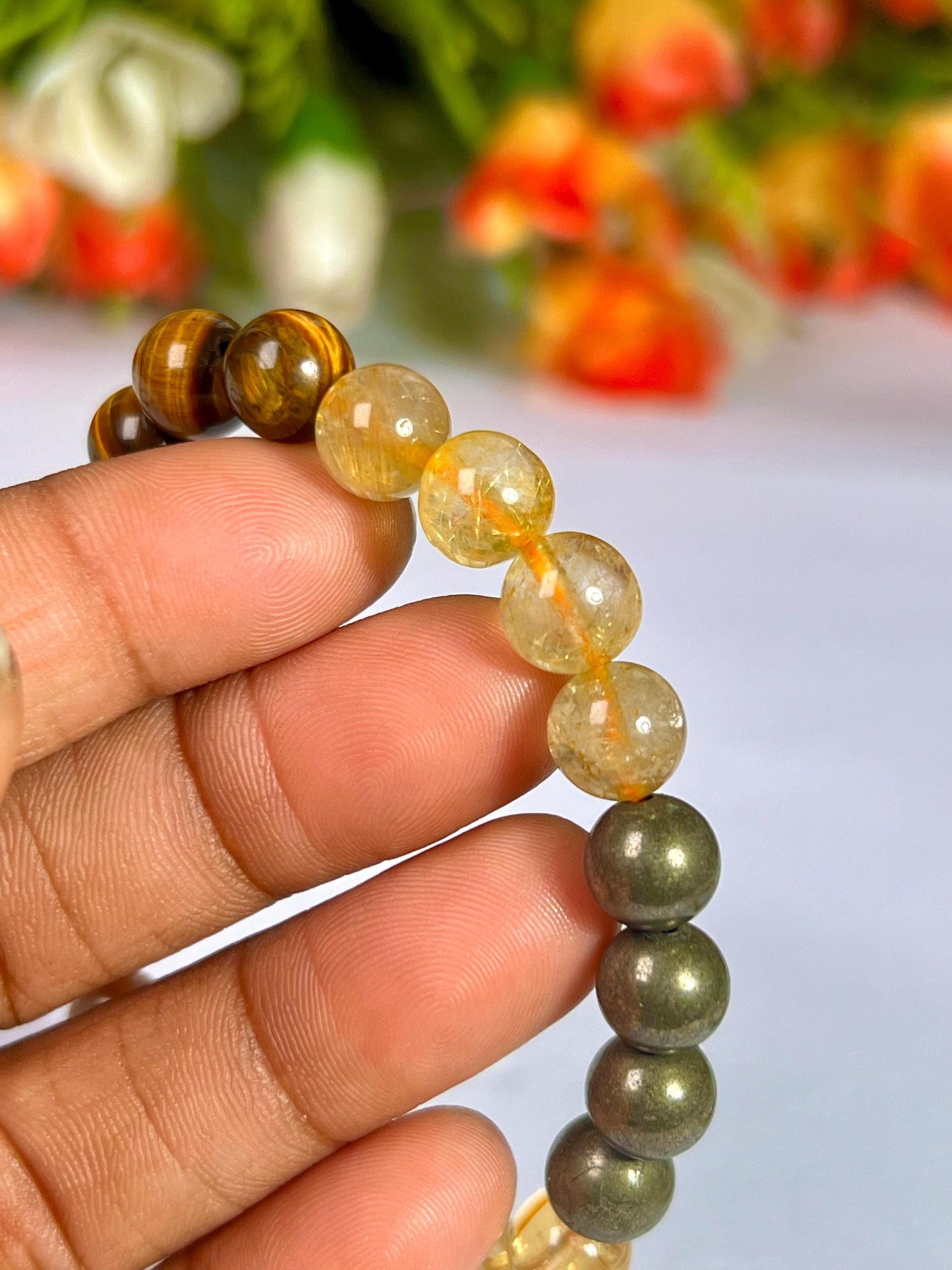 Solar Plexus Chakra Stone Bracelet Citrine, Sunstone, Yellow Jasper, Tiger's Eye, GoldenRutile, Pyrite 8 MM Beads Bracelet