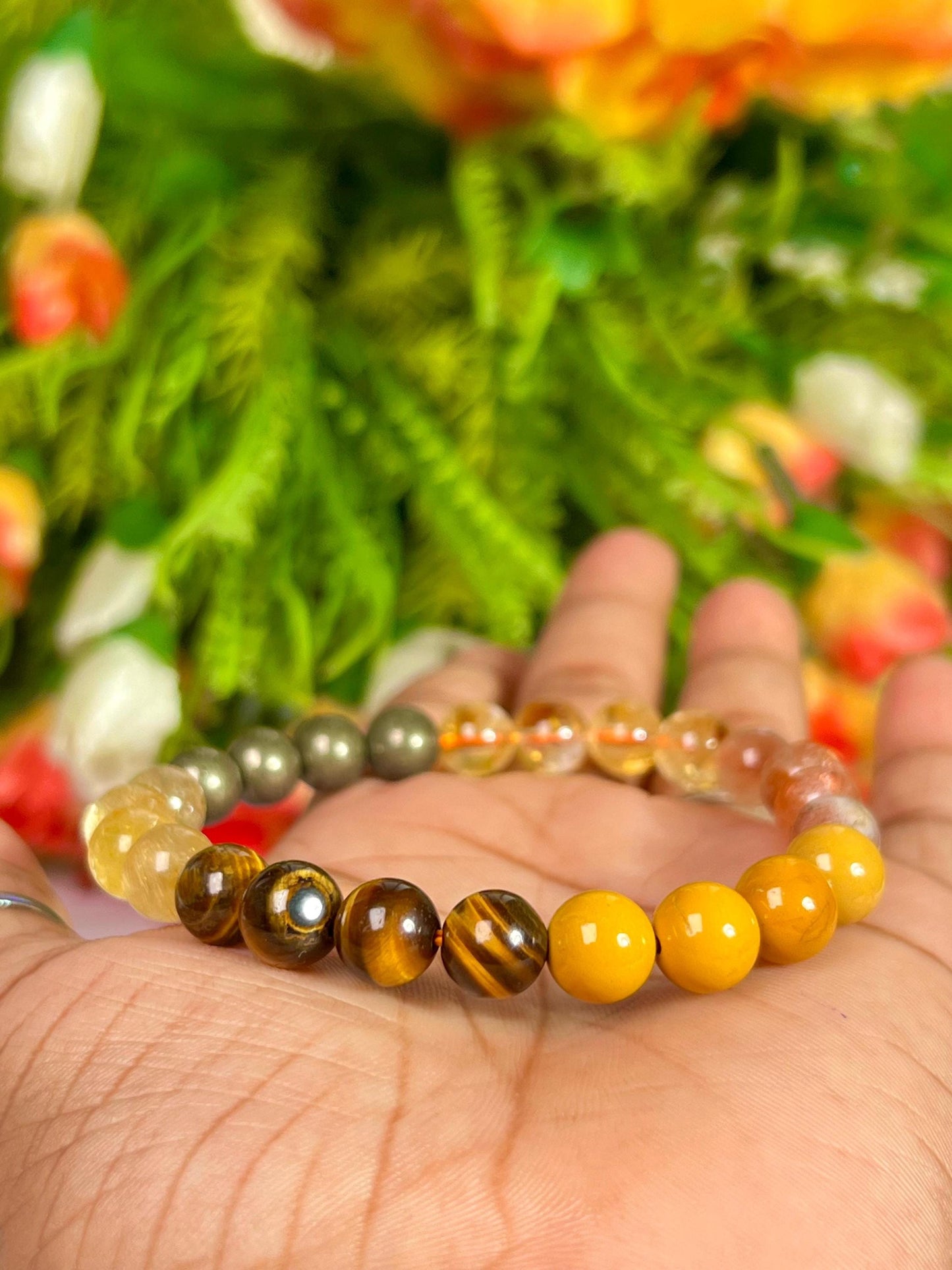 Solar Plexus Chakra Stone Bracelet Citrine, Sunstone, Yellow Jasper, Tiger's Eye, GoldenRutile, Pyrite 8 MM Beads Bracelet