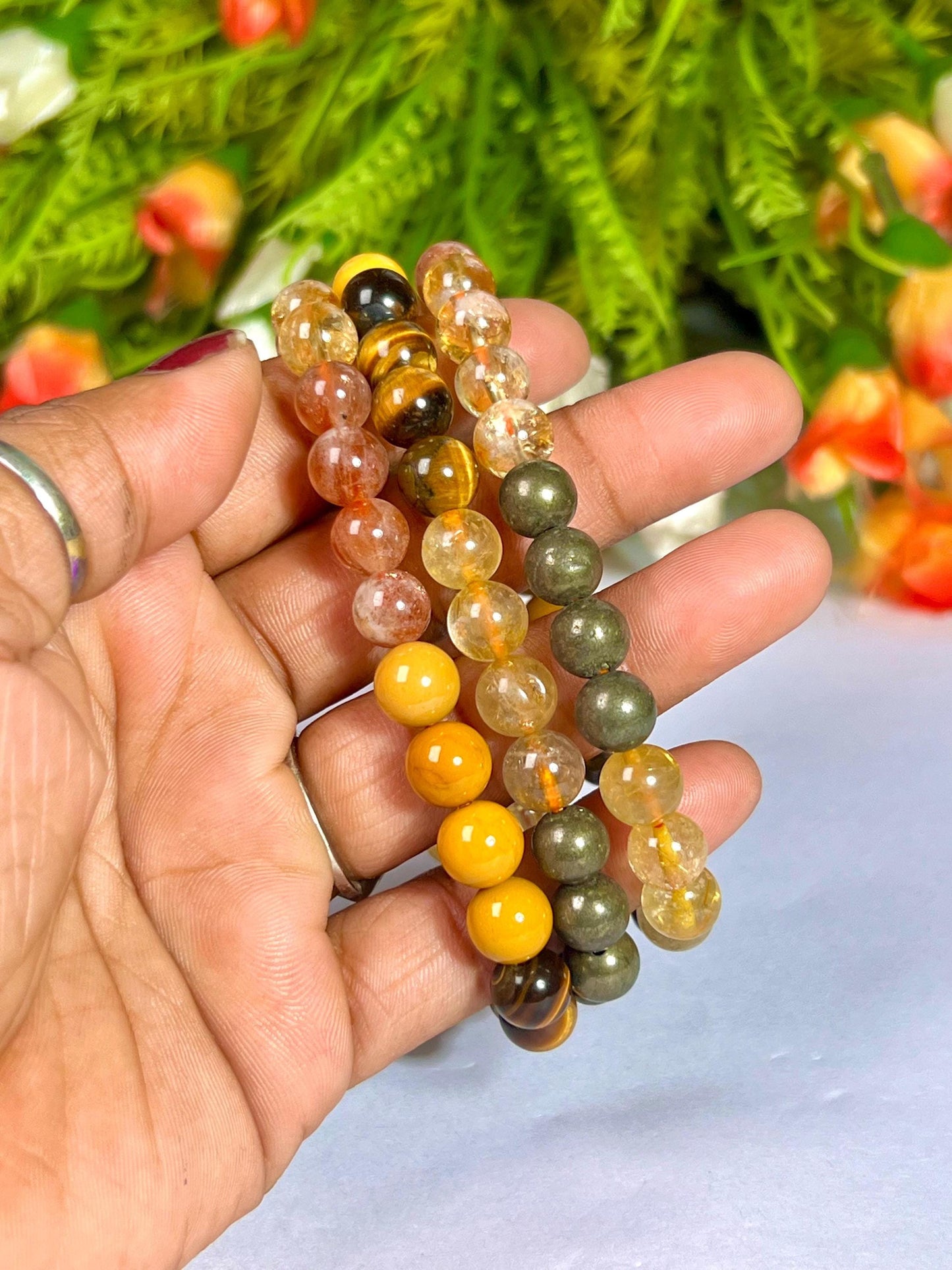 Solar Plexus Chakra Stone Bracelet Citrine, Sunstone, Yellow Jasper, Tiger's Eye, GoldenRutile, Pyrite 8 MM Beads Bracelet
