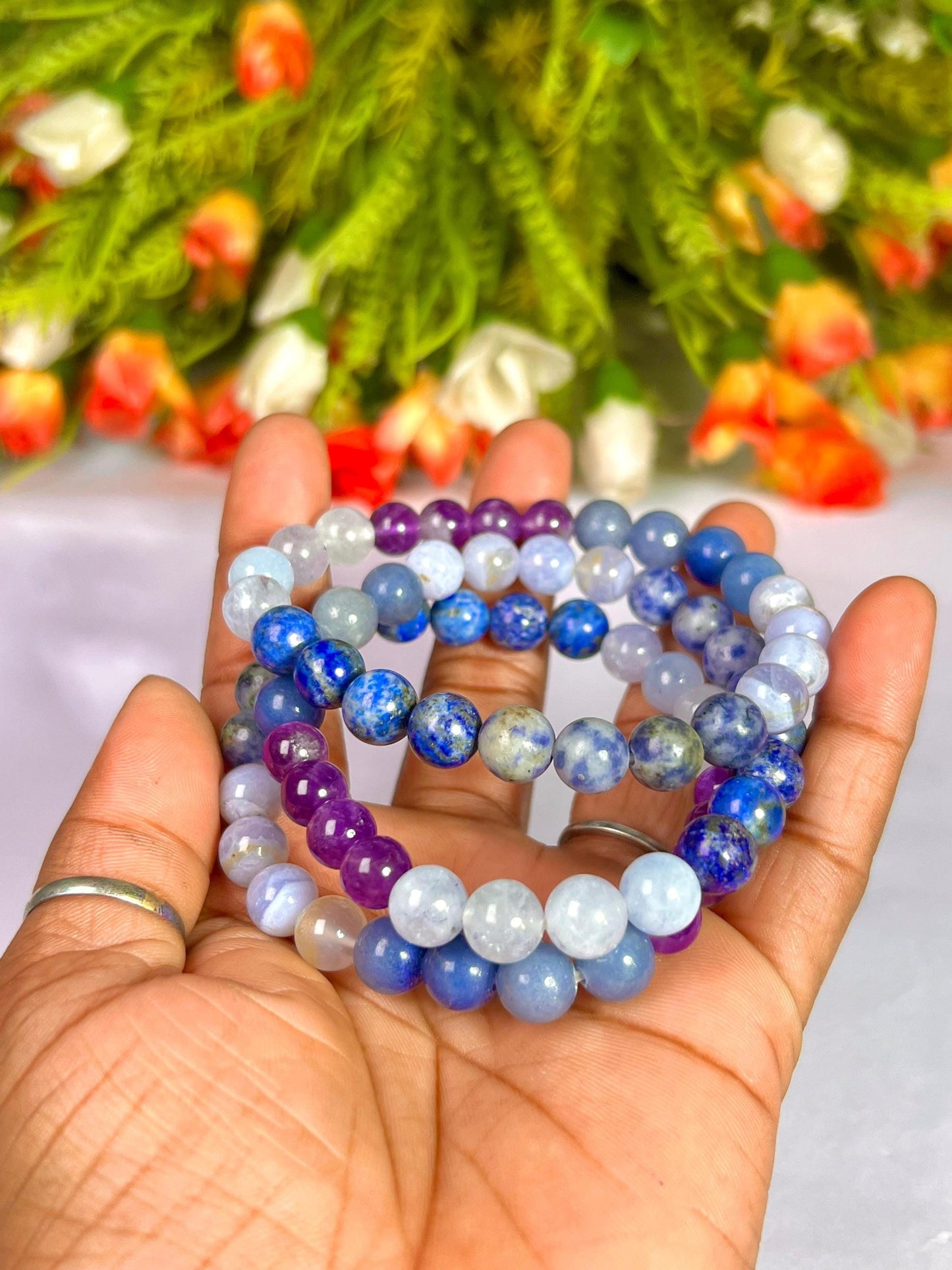 Throat Chakra Stone Bracelet Amethyst,Blue Aventurine,Blue Lace Agate,Sodalite,Lapis Lazuli,Aquamarine 8 MM Beads Bracelet