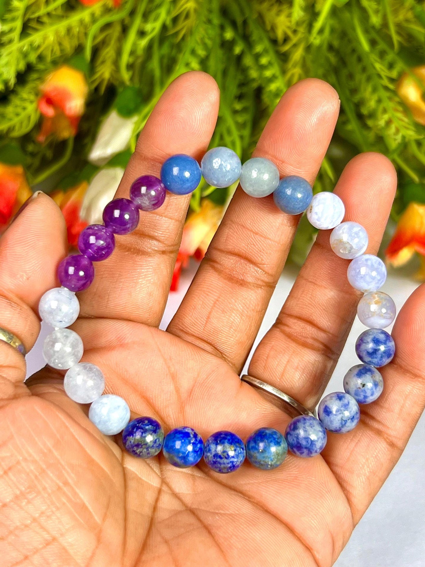 Throat Chakra Stone Bracelet Amethyst,Blue Aventurine,Blue Lace Agate,Sodalite,Lapis Lazuli,Aquamarine 8 MM Beads Bracelet
