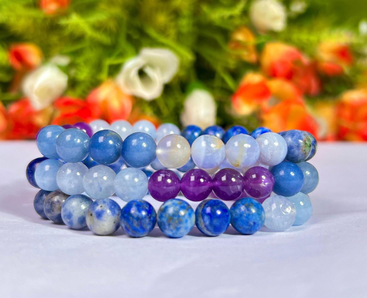 Throat Chakra Stone Bracelet Amethyst,Blue Aventurine,Blue Lace Agate,Sodalite,Lapis Lazuli,Aquamarine 8 MM Beads Bracelet