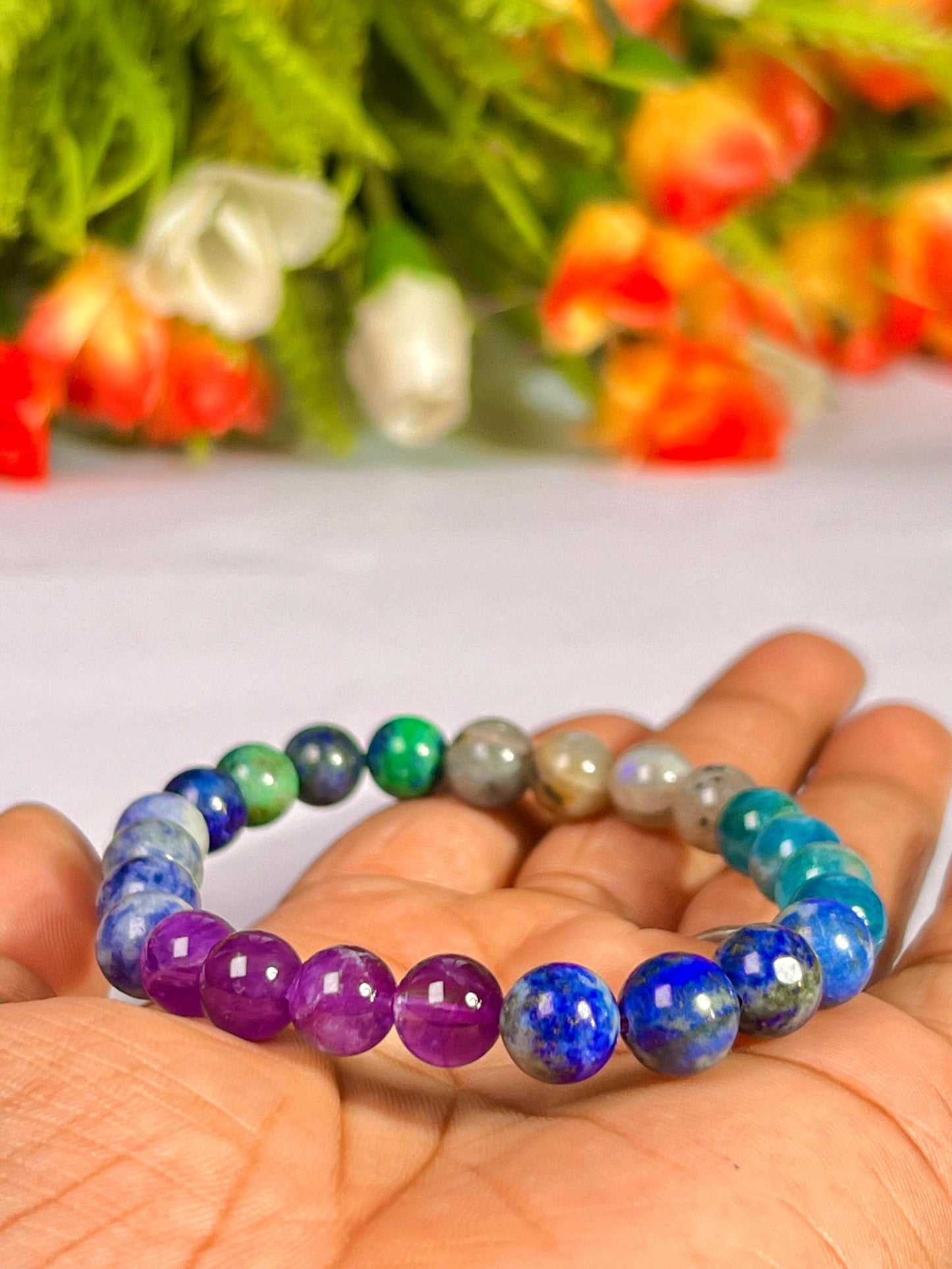 Third Eye Chakra Stone Bracelet Labradorite, Blue Apatite, Lapis Lazuli, Amethyst, Sodalite, Azurite 8 MM Beads Bracelet