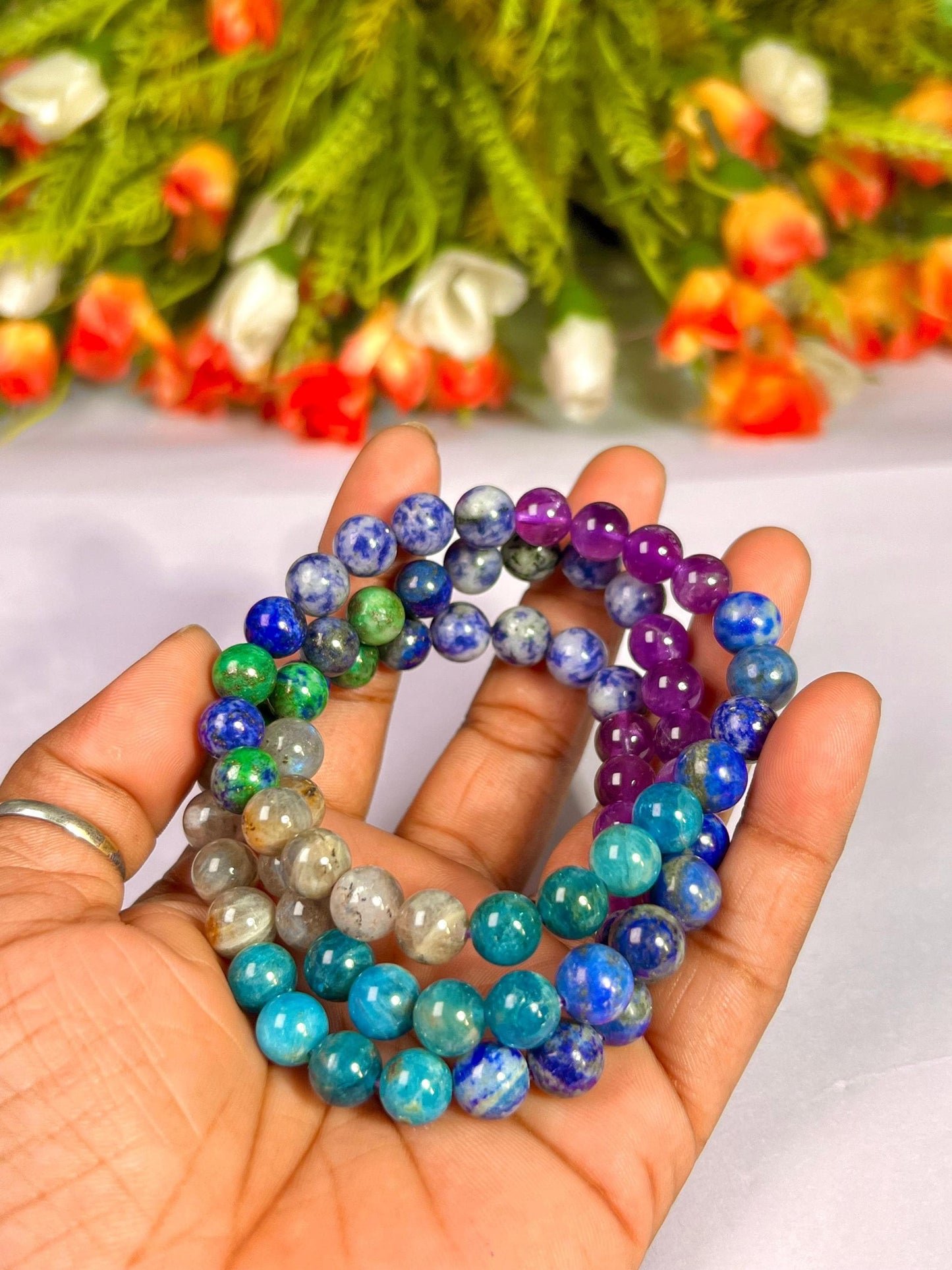 Third Eye Chakra Stone Bracelet Labradorite, Blue Apatite, Lapis Lazuli, Amethyst, Sodalite, Azurite 8 MM Beads Bracelet