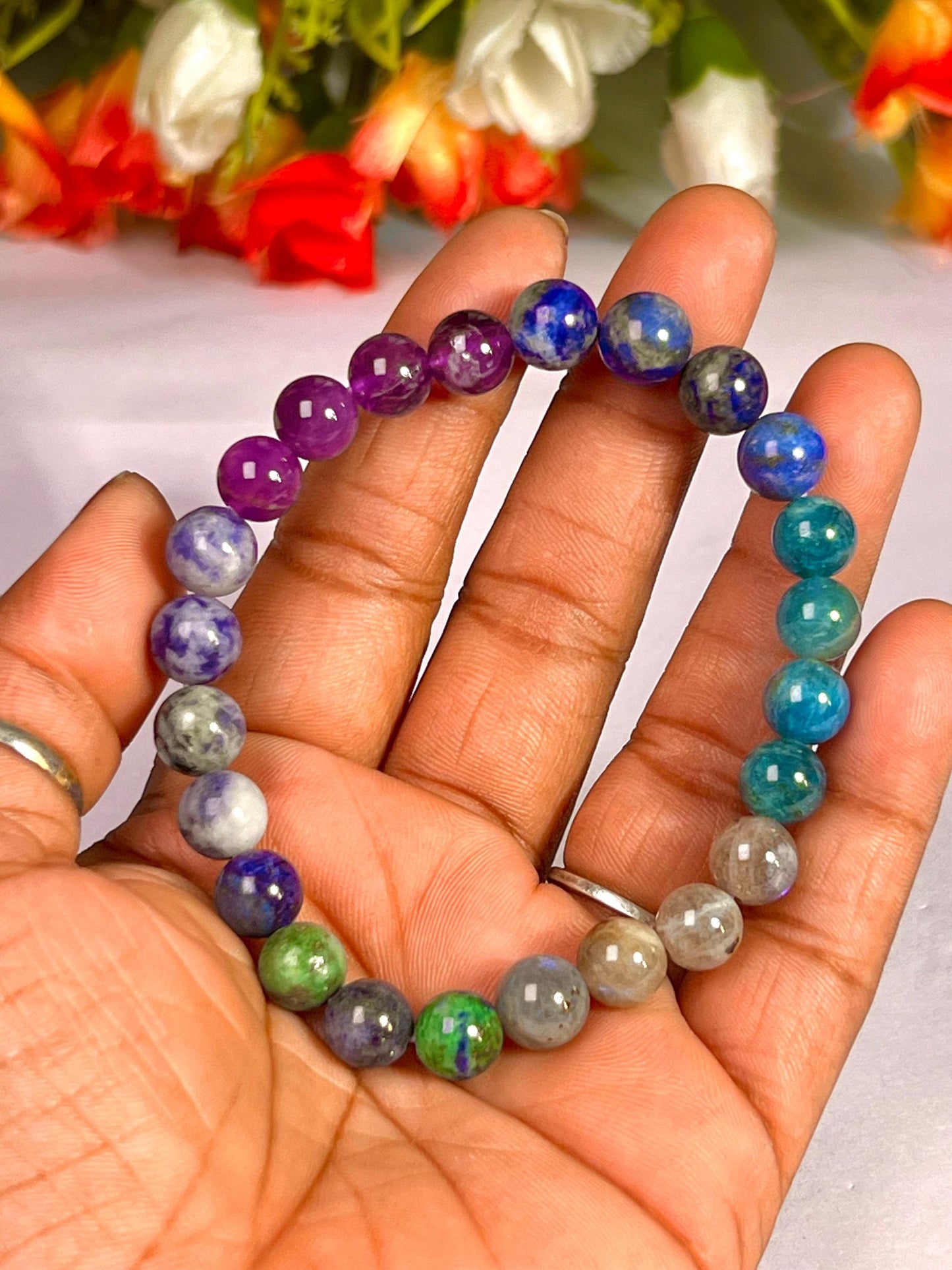 Third Eye Chakra Stone Bracelet Labradorite, Blue Apatite, Lapis Lazuli, Amethyst, Sodalite, Azurite 8 MM Beads Bracelet
