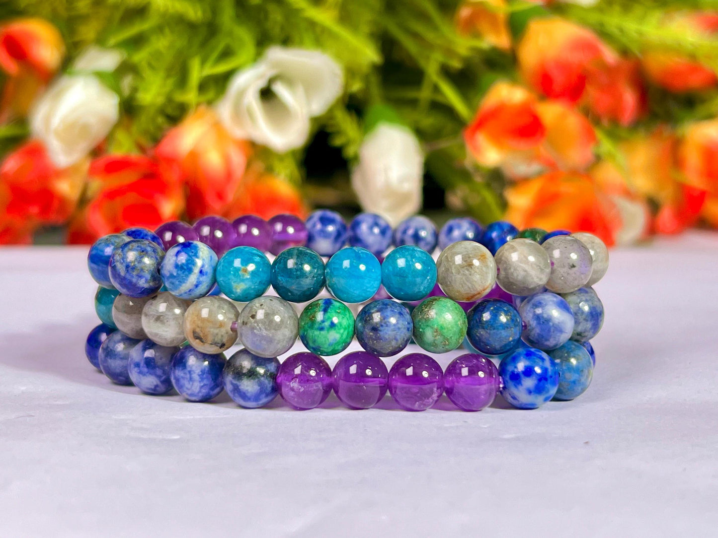 Third Eye Chakra Stone Bracelet Labradorite, Blue Apatite, Lapis Lazuli, Amethyst, Sodalite, Azurite 8 MM Beads Bracelet