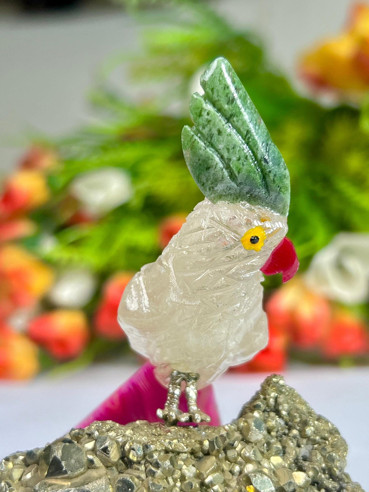 Beautiful Himalayan Crystal Quartz Parrot Bird with Pyrite Rough- Healing Crystal - Home Decoration - Reiki Healing - Gift for All