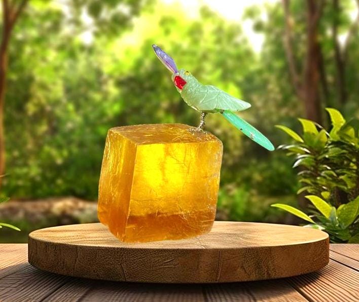 Beautiful Green Aventurine Parrot Bird On Honey Cubic Calcite - Healing Crystal - Home Decoration - Reiki Healing - Gift for All