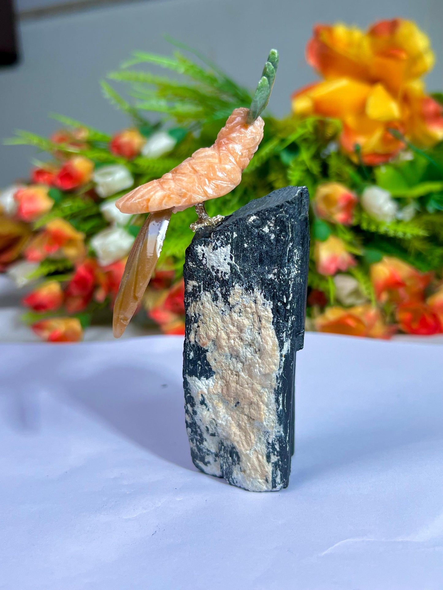 Beautiful Peach Moonstone Crystal Parrot Bird On Black Tourmaline Rough- Healing Crystal - Home Decoration - Reiki Healing - Gift for All