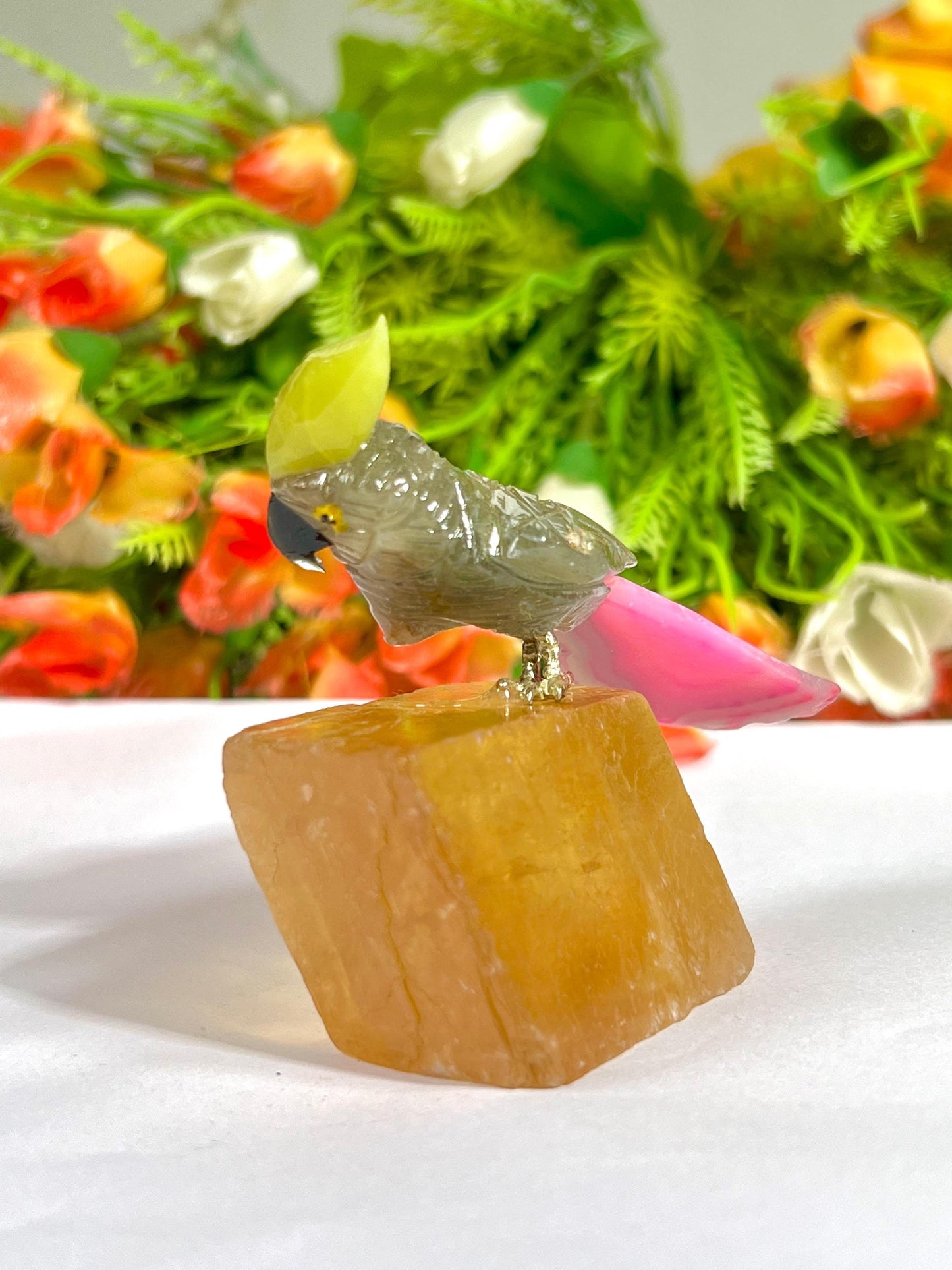 Beautiful Smoky Quartz Stone Parrot Bird On Honey Cubic Calcite- Healing Crystal - Home Decoration - Reiki Healing - Gift for All