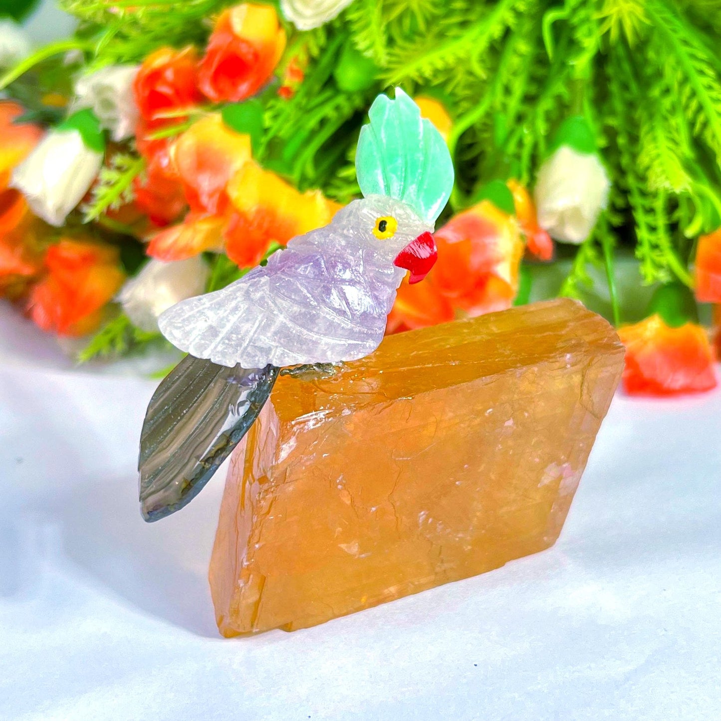 Beautiful Fluorite Stone Parrot Bird On Honey Cubic Calcite- Healing Crystal - Home Decoration - Reiki Healing - Gift for All