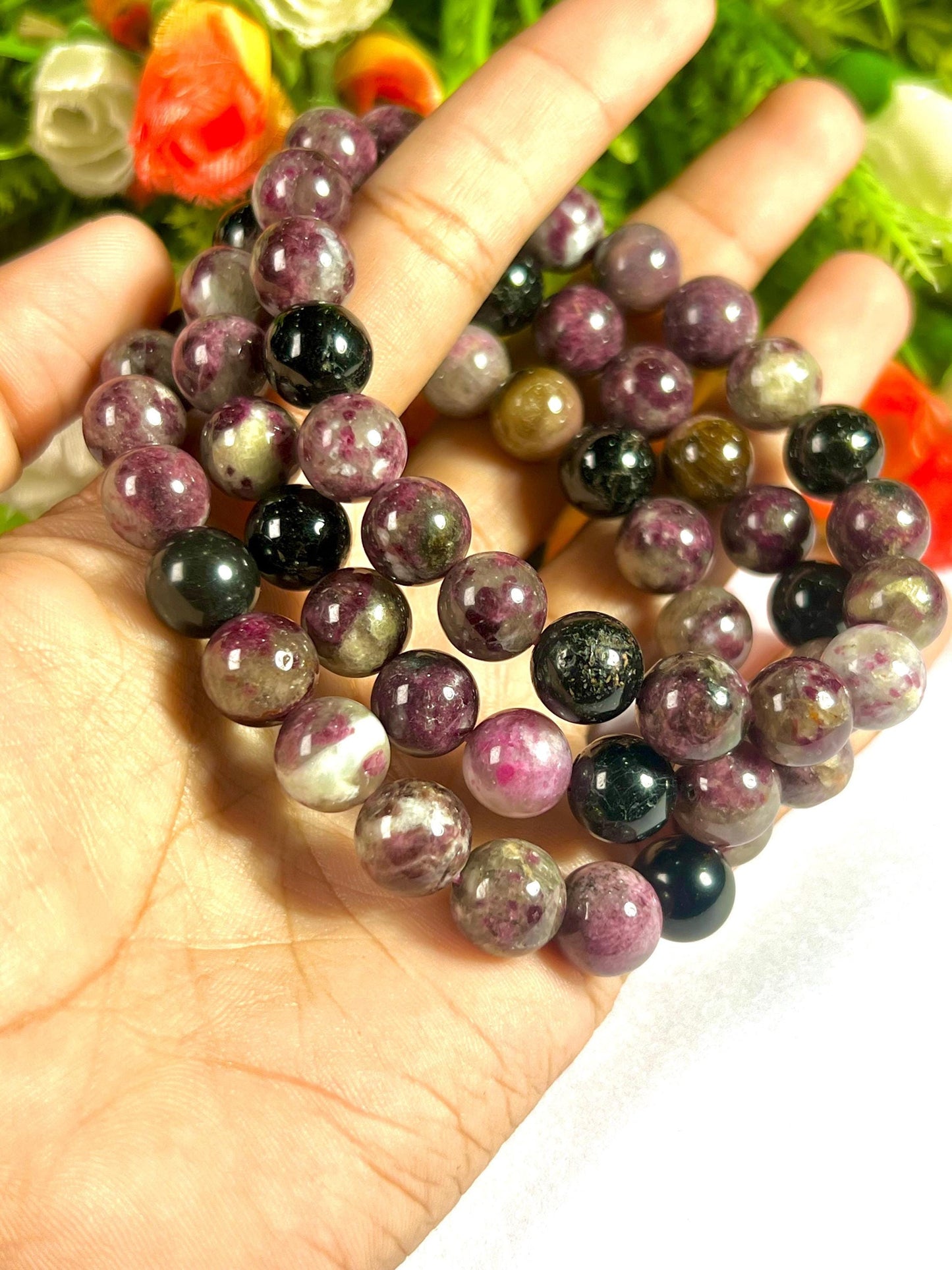 10 MM Watermelon Tourmaline Stone Bracelet l Stretchable Bracelet l Unisex Bracelet