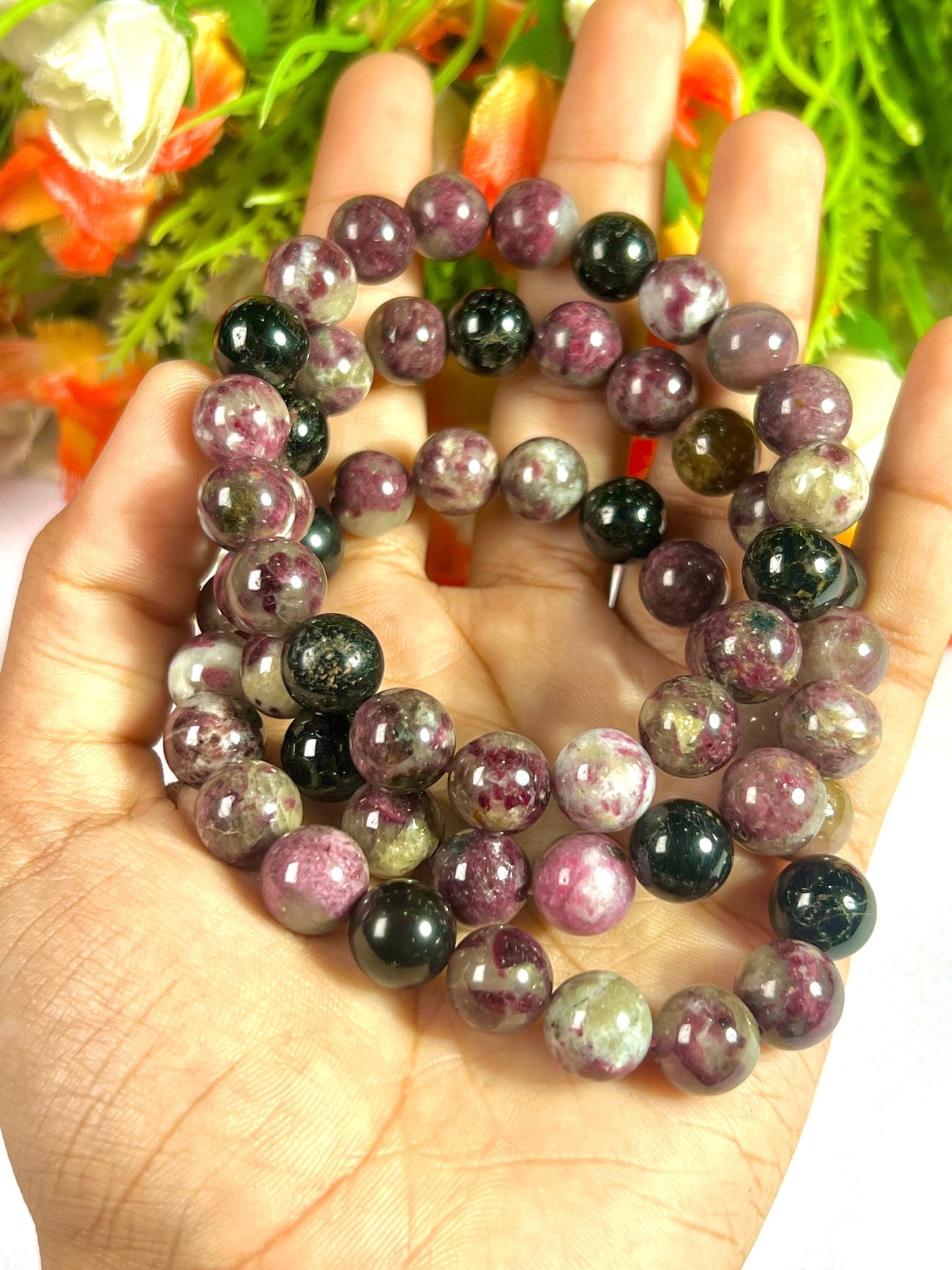 10 MM Watermelon Tourmaline Stone Bracelet l Stretchable Bracelet l Unisex Bracelet