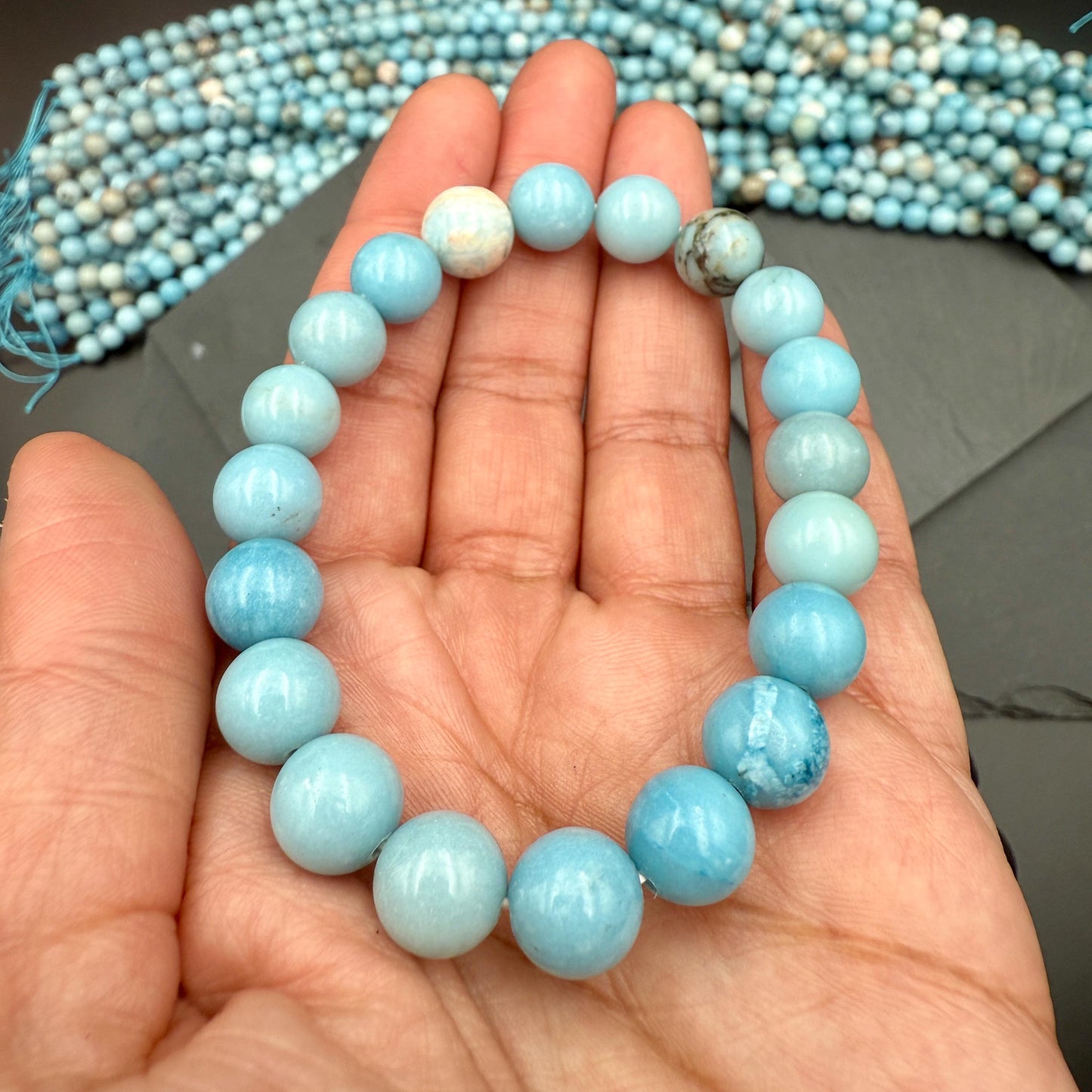 AAA Larimar Bracelet - Natural 10mm Dominican Crystal March Birthstone