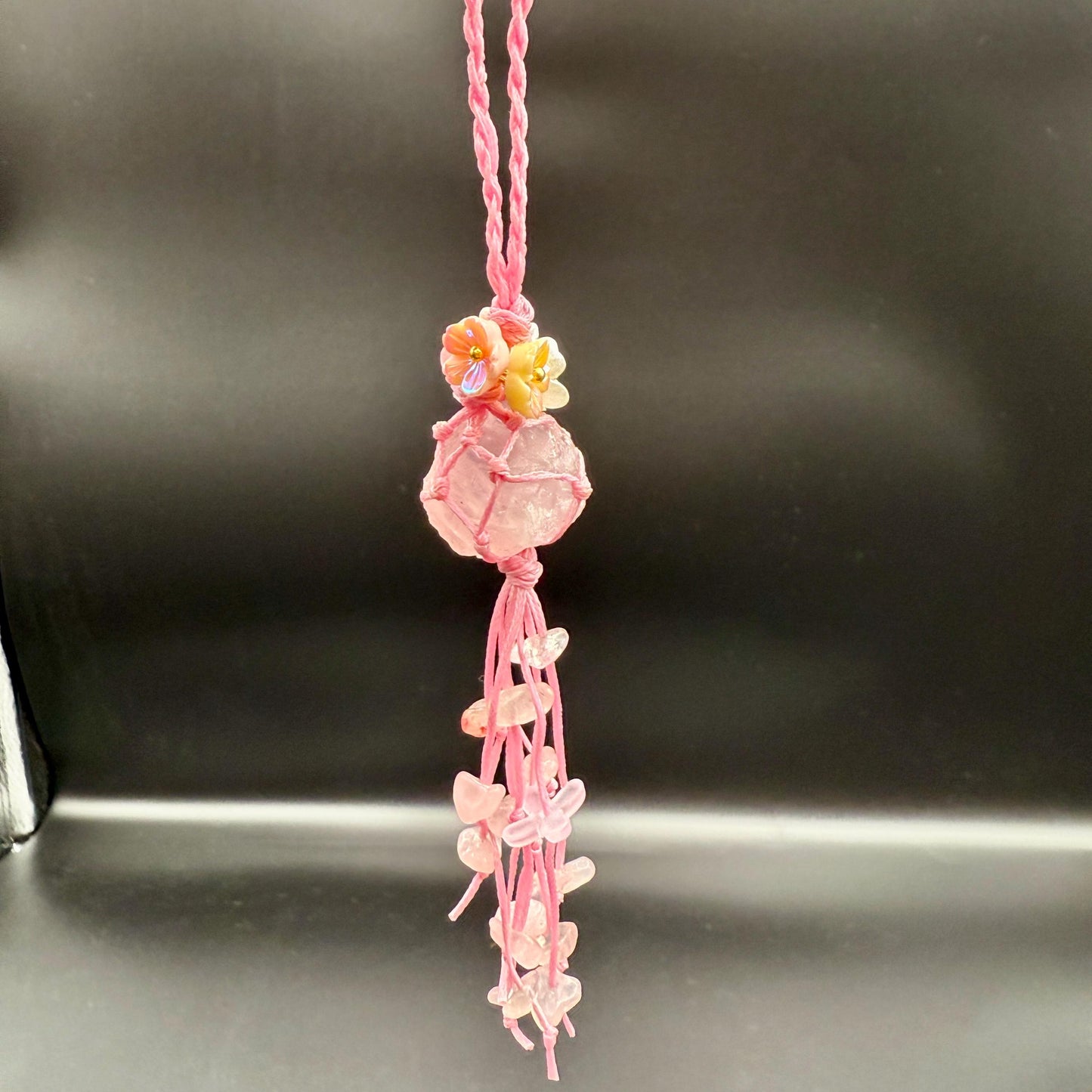 Handmade Rose Quartz Bag Charm – Bohemian Crystal Tassel Keychain