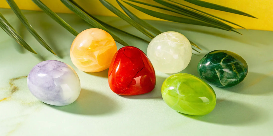 Various crystals on a green surface.