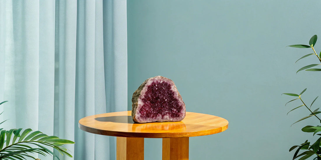 Amethyst cluster radiating calming energy.