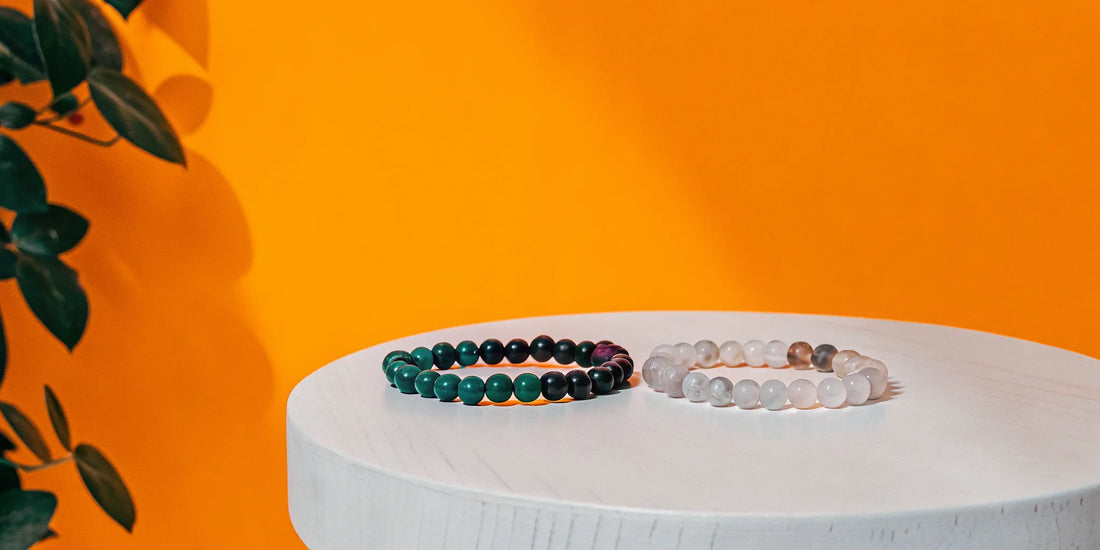 Seven chakra stones bracelet on display.