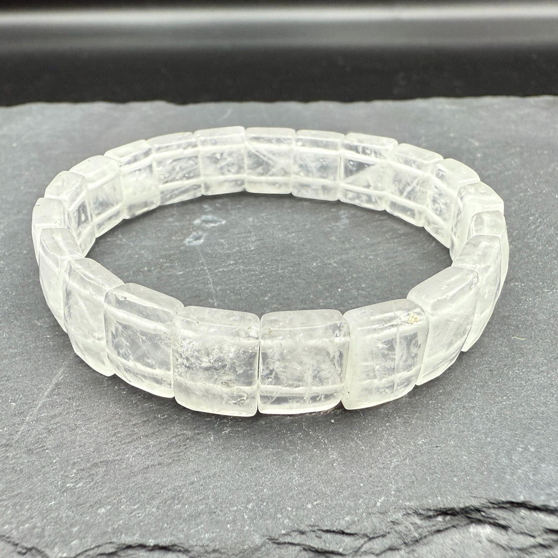 A natural clear quartz beaded bracelet in soft daylight