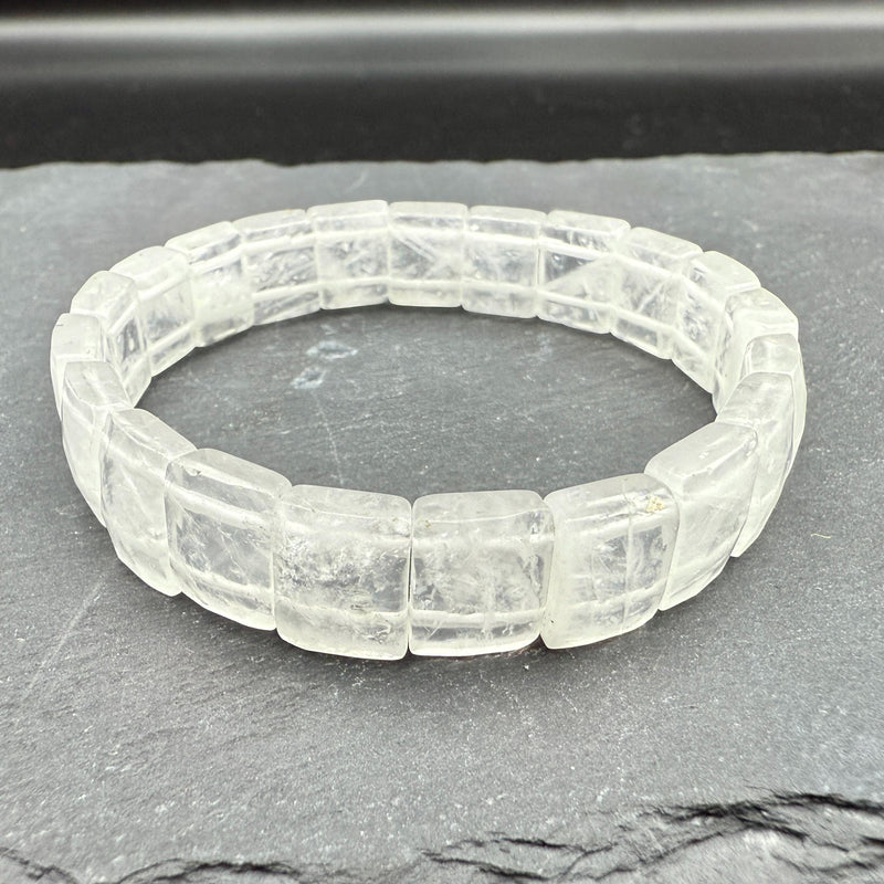 A natural clear quartz beaded bracelet in soft daylight